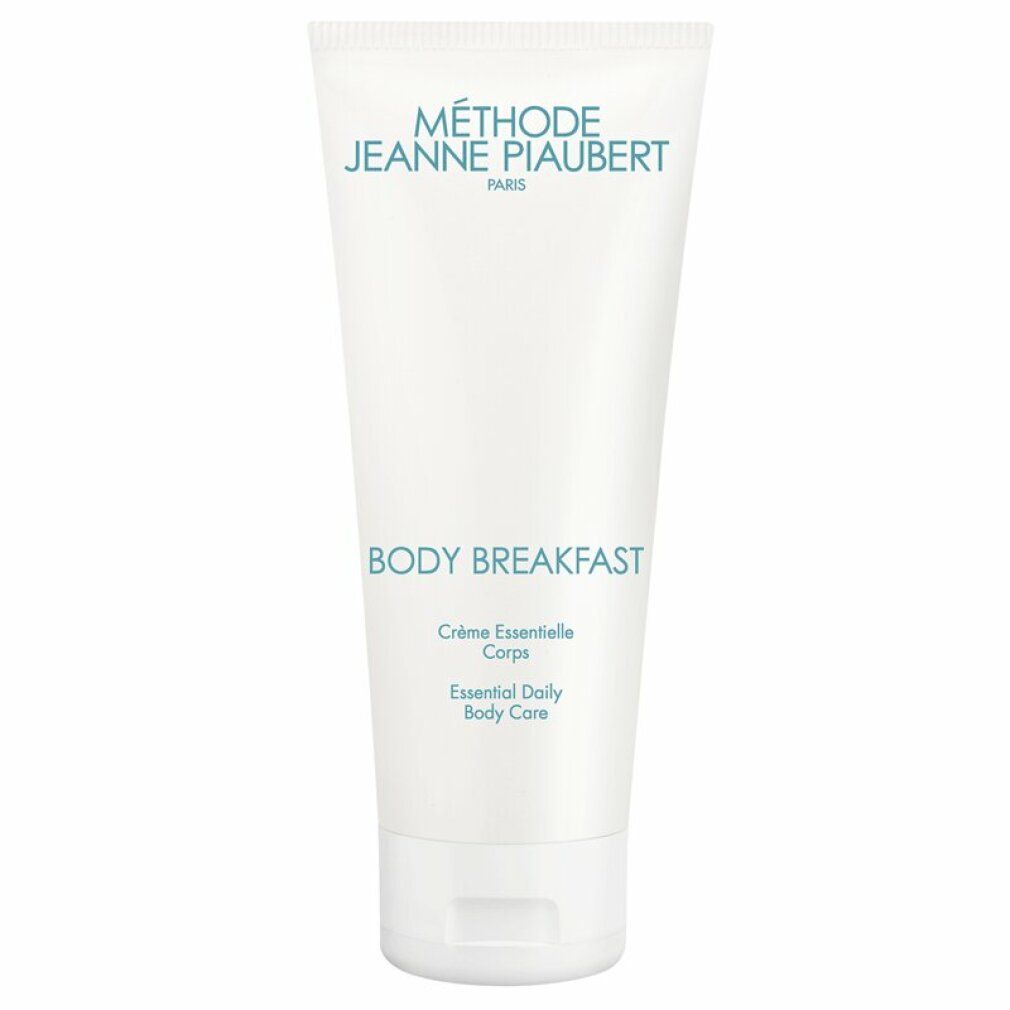 Weiße Tube mit blauem Text. Aufschrift: METHODE JEANNE PIAUBERT, BODY BREAKFAST, Crème essentielle corps, Essential Daily Body Care.