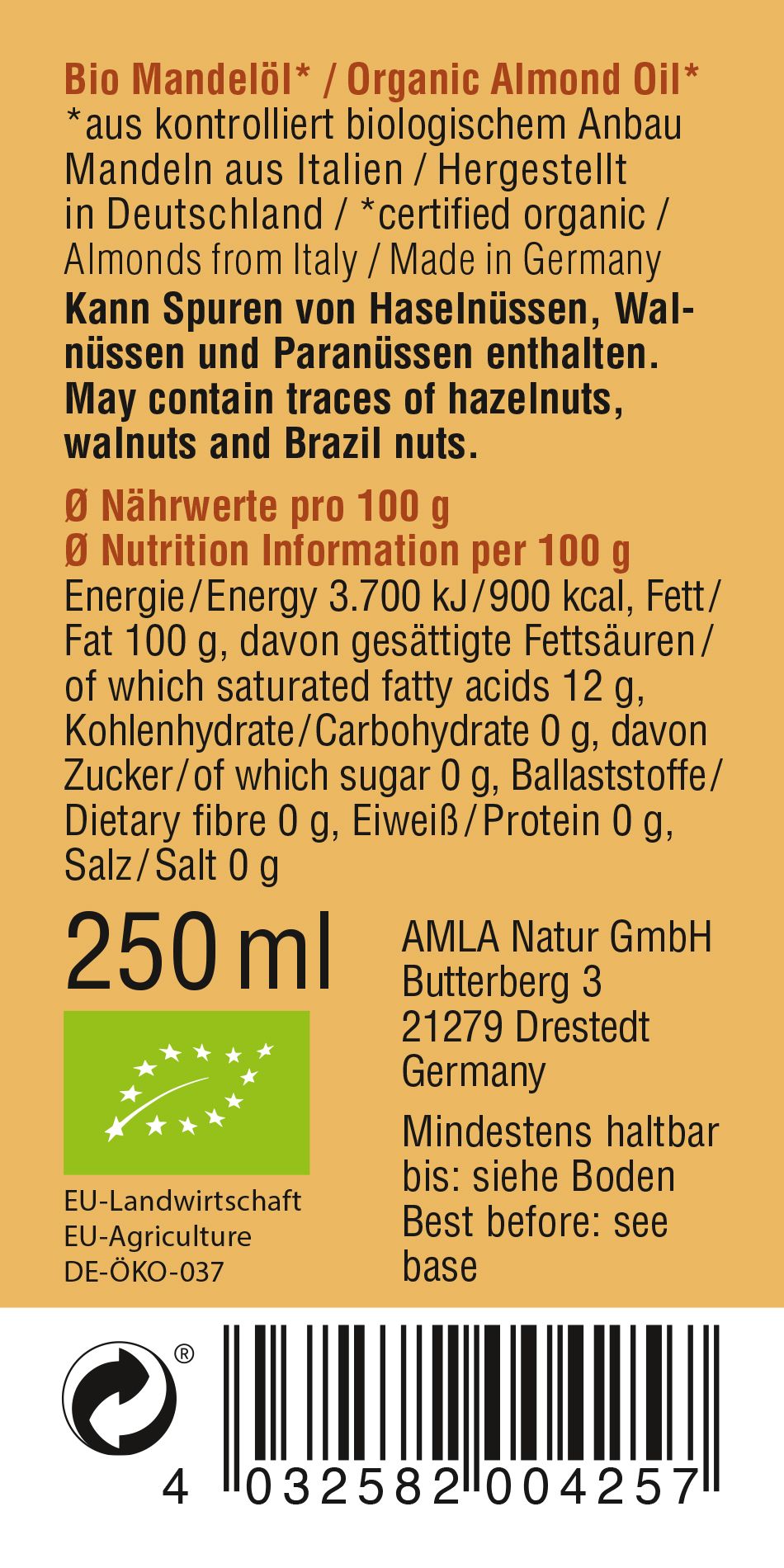 Etikett mit Produktinformationen, Nährwertangaben, Herstelleradresse und Bio-Siegel. Text in Deutsch und Englisch.