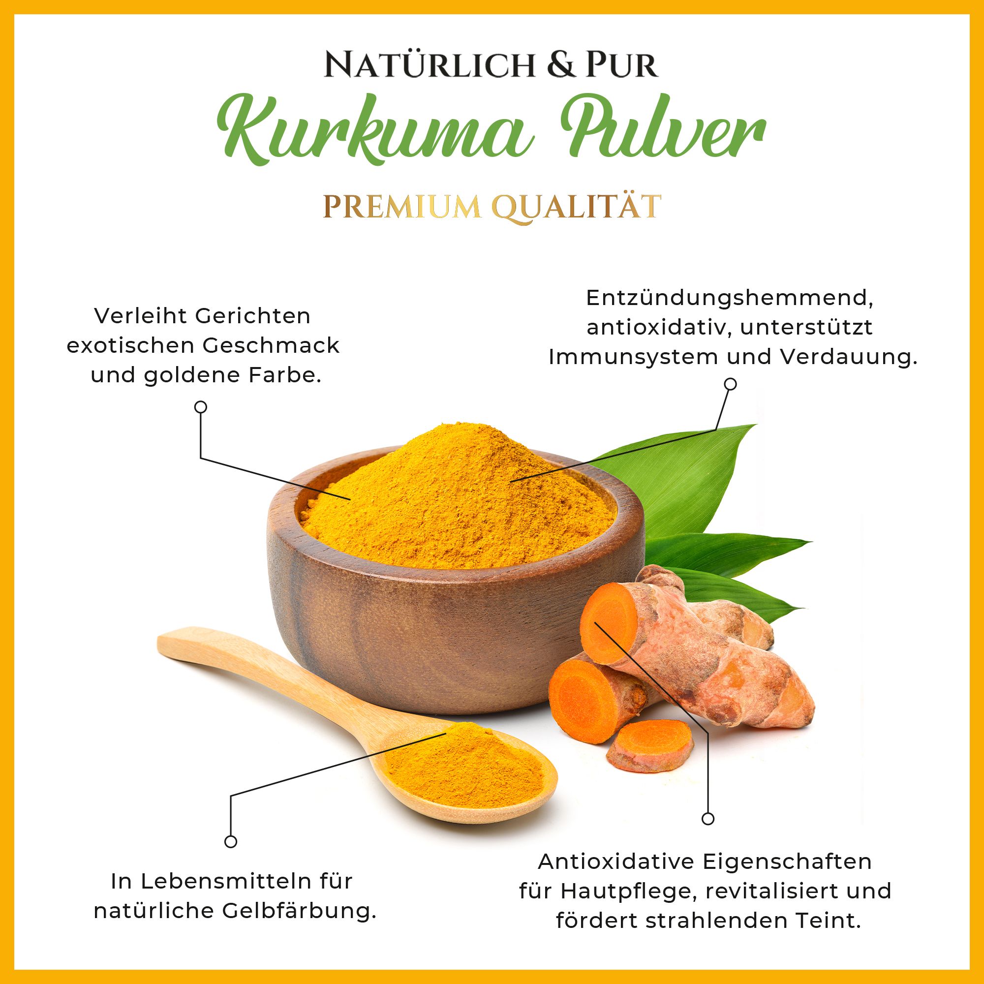 Holzschüssel mit Kurkuma-Pulver, daneben Kurkuma-Wurzeln und Blätter. Text: 'Kurkuma Pulver', 'Premium Qualität'.