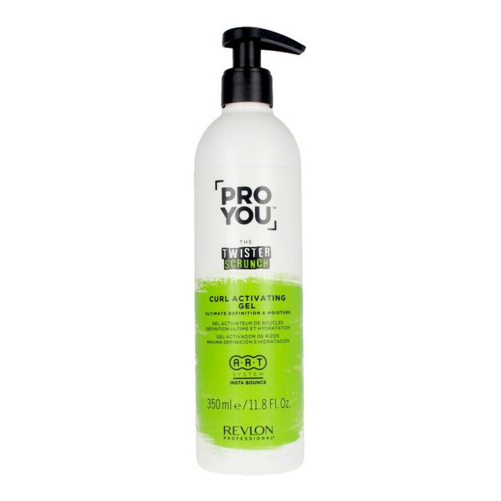 Weiße Flasche mit schwarzem Pumpkopf. Aufschrift: PRO YOU, THE TWISTER SCRUNCH, CURL ACTIVATING GEL. Grüne Akzente. 350ml/11.8 Fl. Oz. Revlon Professional.