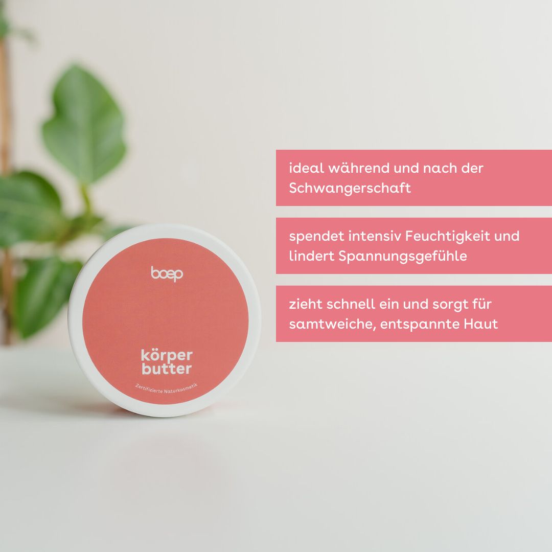 Körperbutter-Dose neben Textblöcken. Text: ideal während und nach der Schwangerschaft, spendet Feuchtigkeit, zieht schnell ein.