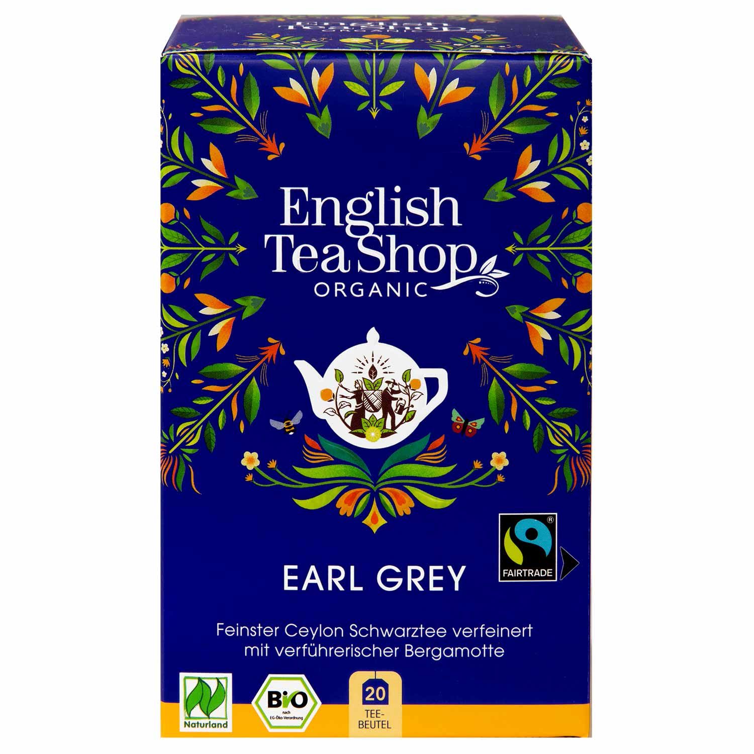 Dunkelblaue Schachtel mit "English Tea Shop"-Logo und "Earl Grey"-Schriftzug. Enthält 20 Teebeutel. Bio- und Fairtrade-Siegel.
