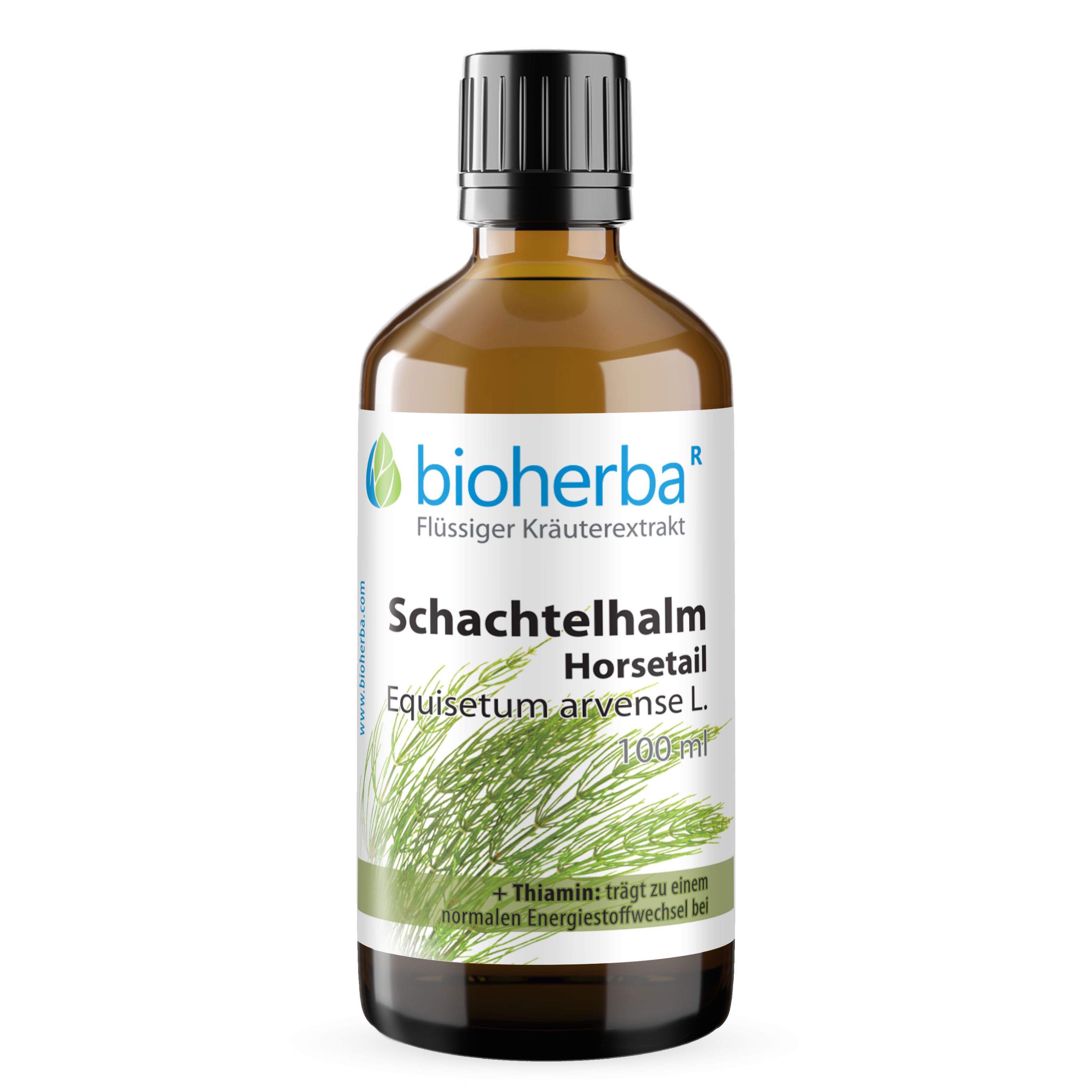 Braune Glasflasche mit schwarzem Deckel. Etikett mit Produktnamen, Logo und Inhaltsangabe. 100ml.