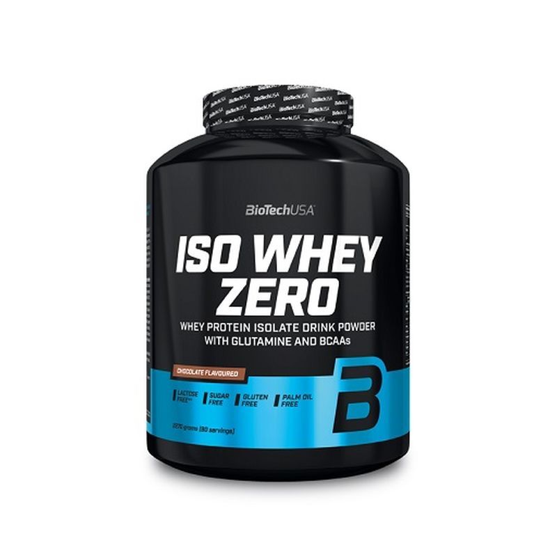 Schwarze Dose mit "ISO WHEY ZERO"-Aufdruck. Blaue Akzente, "Chocolate Flavoured". Enthält Glutamin und BCAAs. BiotechUSA.
