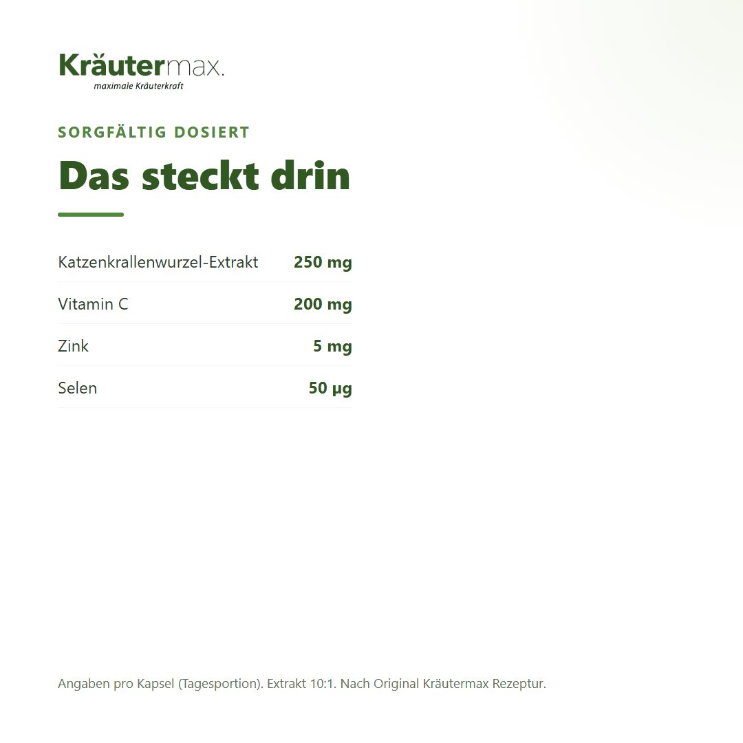 Zutatenliste für Katzenkralle plus: Extrakt, Vitamin C, Zink, Selen mit Mengenangaben.