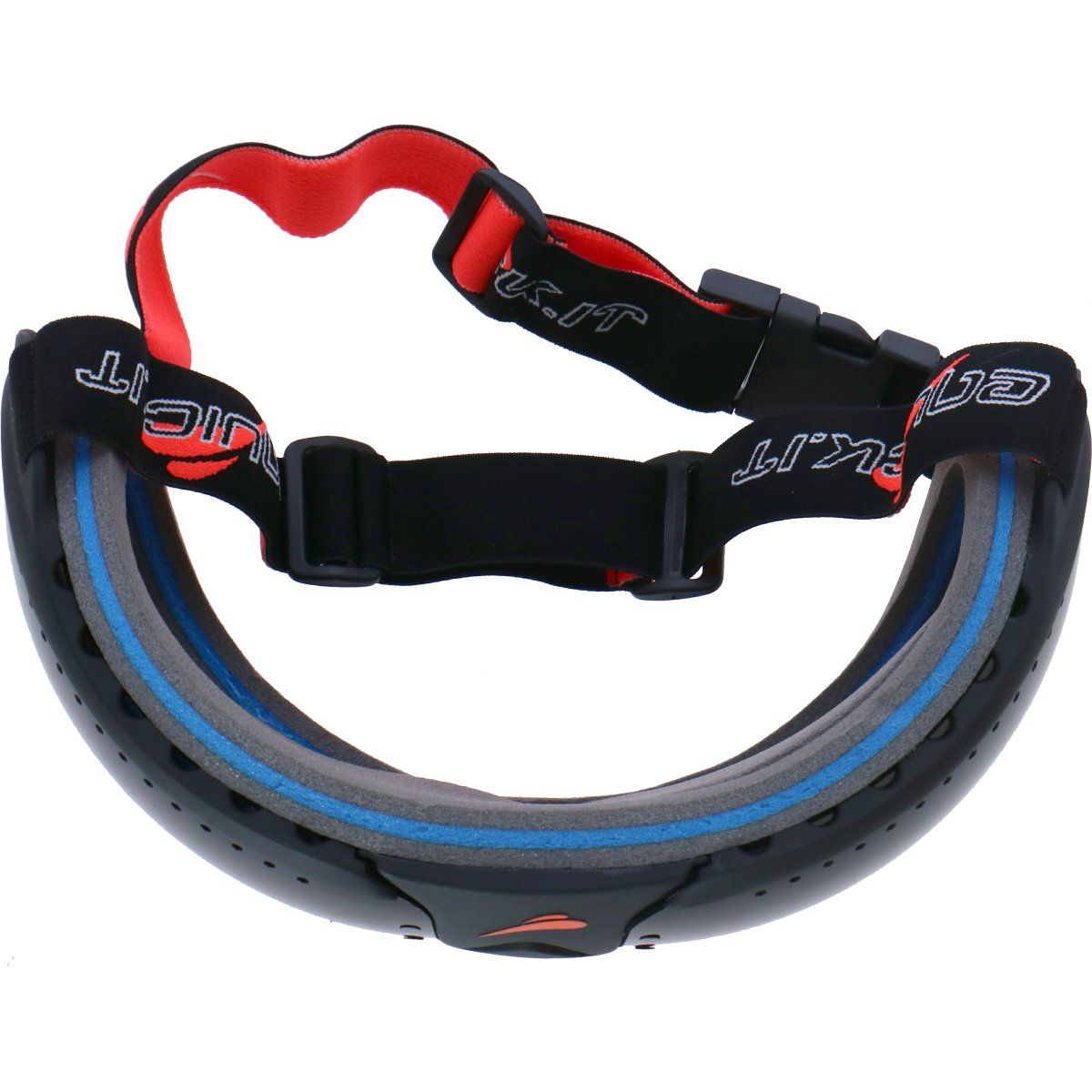 Schutzbrille mit schwarzem Rahmen, rotem und blauem Innenfutter. Text: eQuick. Verstellbarer Riemen mit Schnalle.