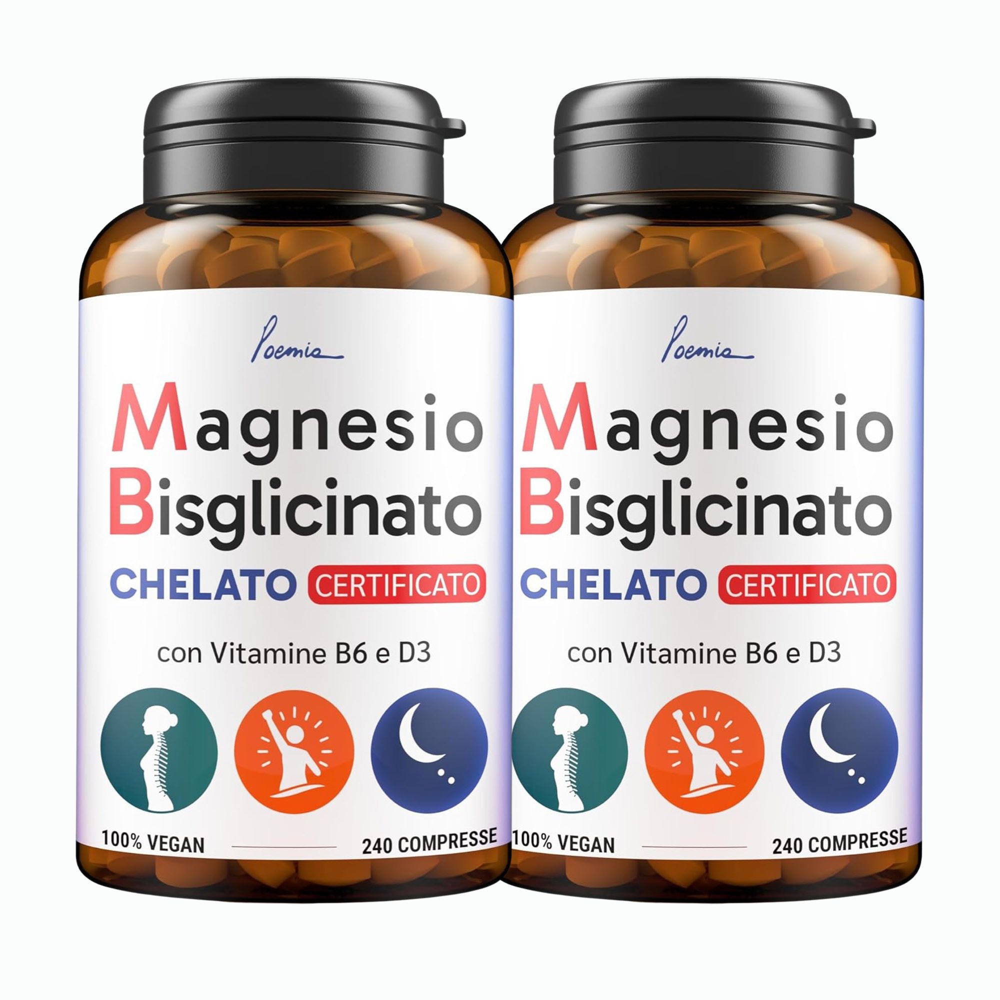 Poemia Magnesio Bisglicinato 240 compresse Puro 2 confezioni con vitamina B6 D3
