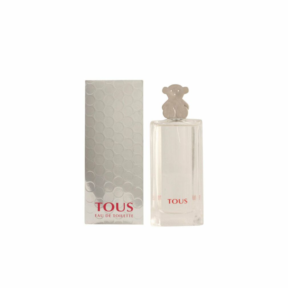 Tous Eau De Toilette Flakon und Schachtel. Der Flakon ist rechteckig mit einem Bären-Deckel. Die Schachtel ist weiß mit Logo.