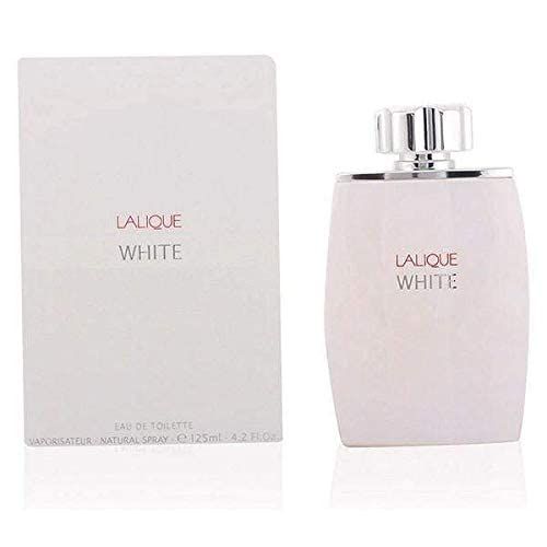Weißes Eau de Toilette Spray und Karton. Aufschrift: LALIQUE WHITE. Flakon mit silbernem Verschluss. Schwarze Schrift.