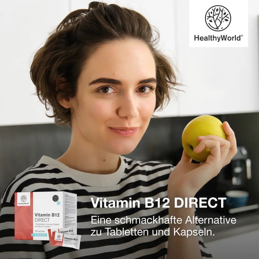 HealthyWorld Vitamin B12 DIRECT 1000 µg – Pulversticks mit Apfelgeschmack