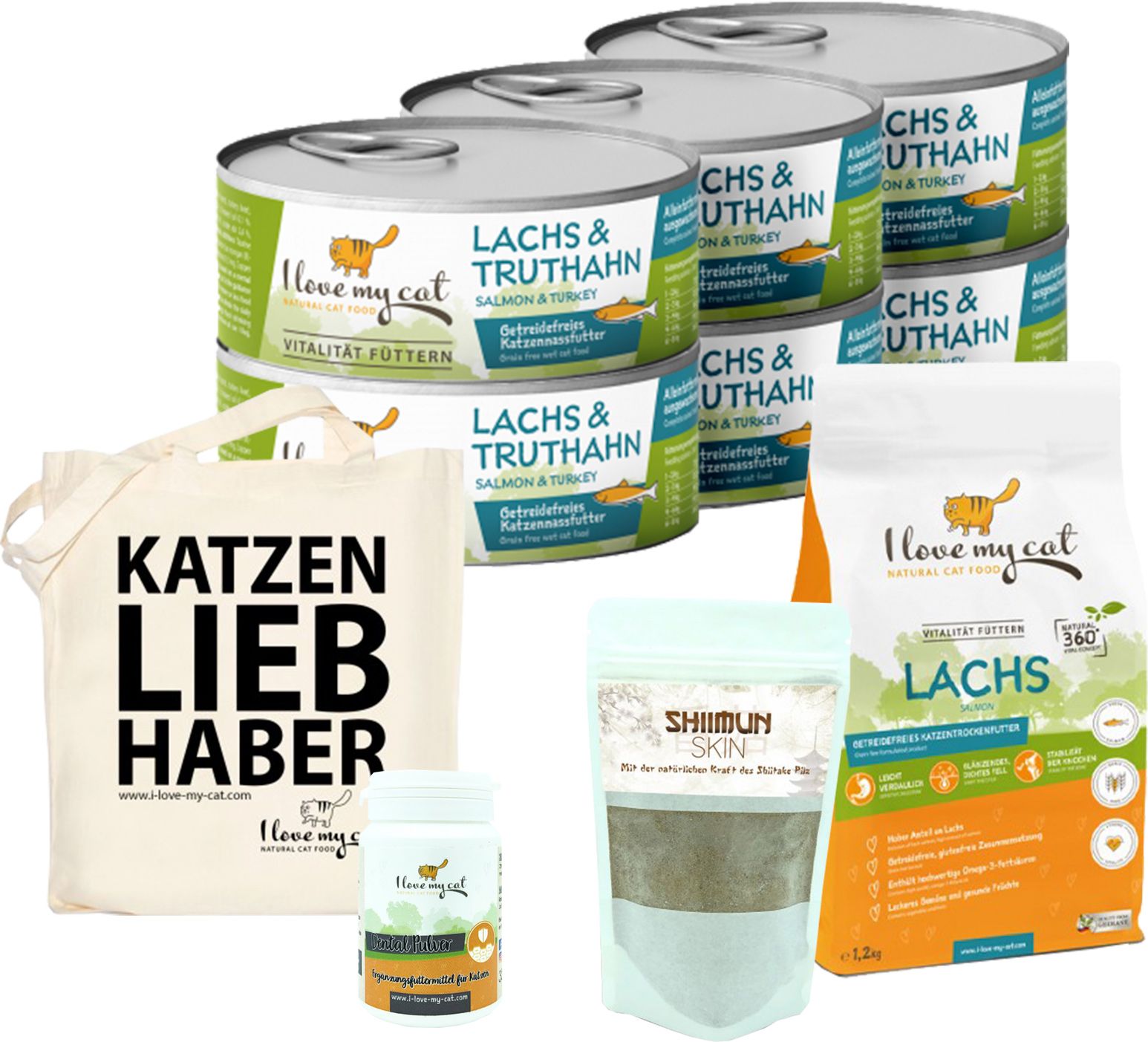 Verschiedene Katzenfutter-Produkte: Dosen, Trockenfutter-Beutel, Beutel, Tabletten, Stoffbeutel. Text: Katzenliebhaber.