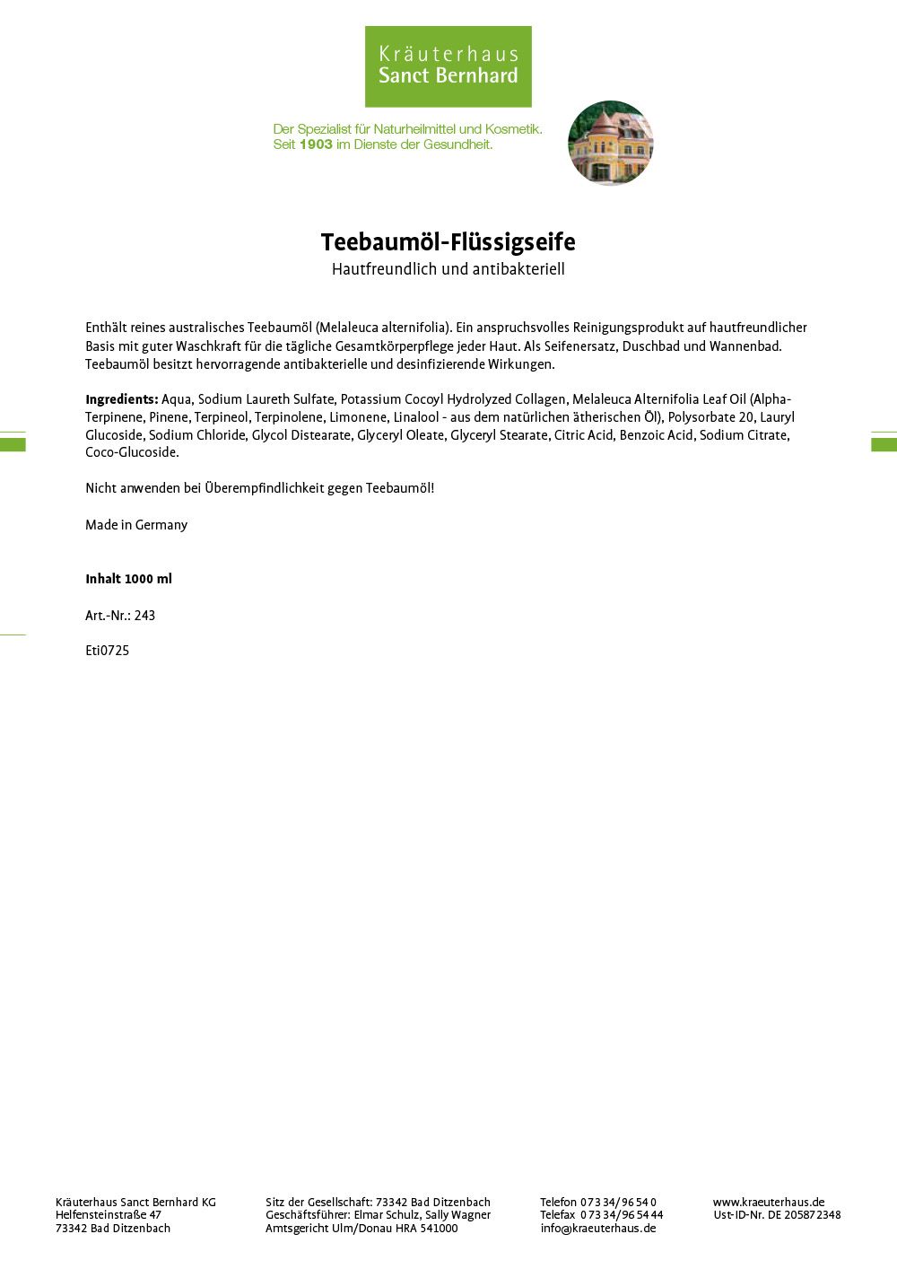 Etikett mit Produktinformationen. Text: Teebaumöl-Flüssigseife, hautverträglich und antibakteriell. Inhaltsstoffe und Herstellerangaben.