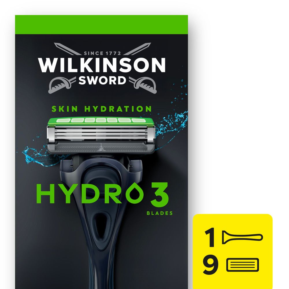 Wilkinson Sword Hydro 3 Rasierer mit 3 Klingen und Hautpflege-Gel.
