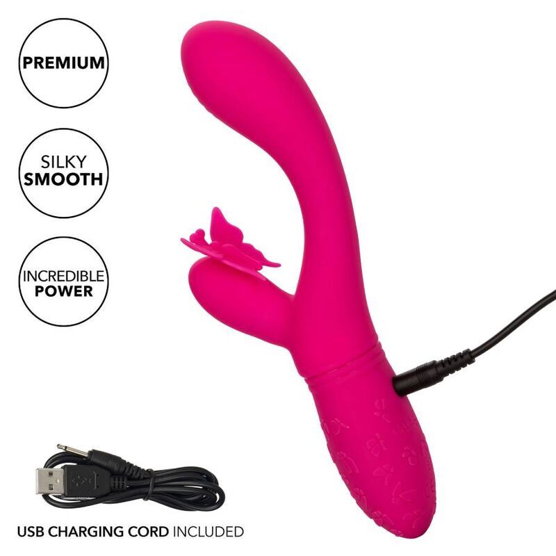 Rosa Vibrator mit Schmetterlingsdesign. USB-Ladekabel enthalten. Schwarzer Hintergrund.