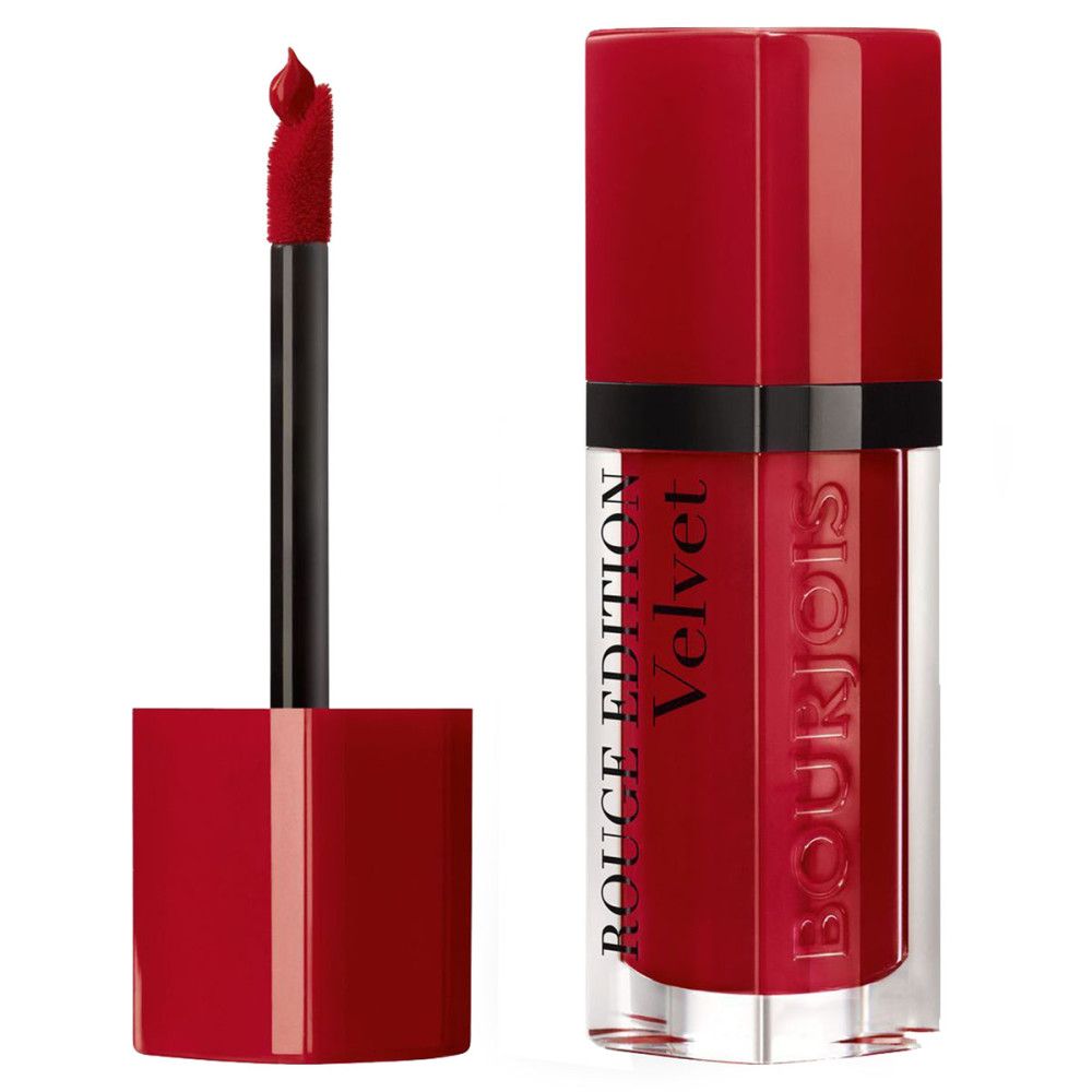 Roter Lippenstift mit Applikator. Auf der Flasche steht Rouge Edition Velvet und Bourjois.
