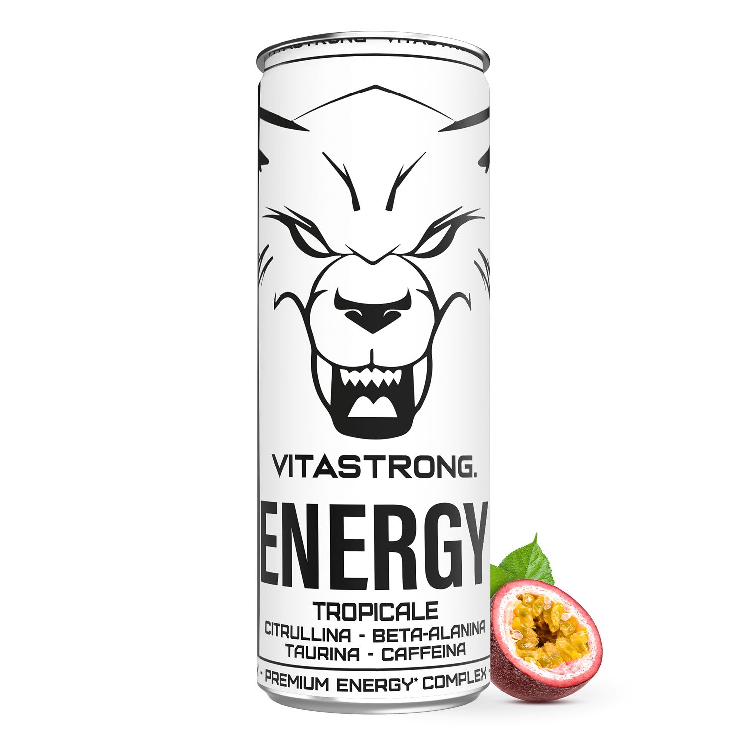 Vitastrong Energy Tropical Dose. Aufschrift: ENERGY, Tropical. Mit Passionsfrucht und Blättern.