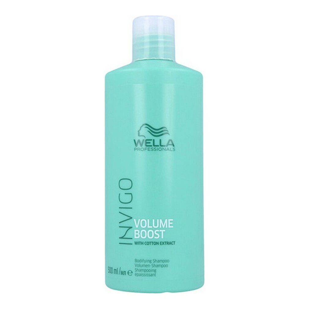 Türkisgrüne Shampoo-Flasche mit weißem Deckel. Aufschrift: INVIGO, VOLUME BOOST, Wella. 500 ml.