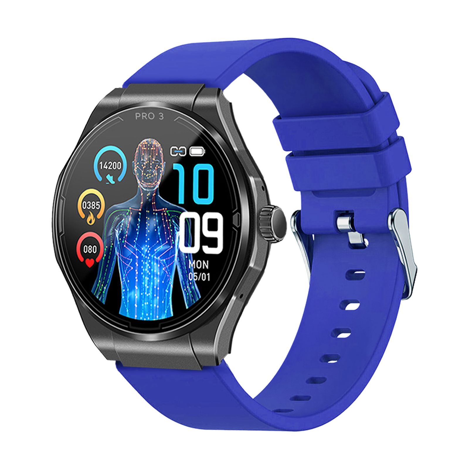 Smartwatch mit blauem Armband. Rundes Zifferblatt mit digitaler Anzeige und Gesundheitsdaten. Schwarzes Gehäuse, silberne Schnalle.