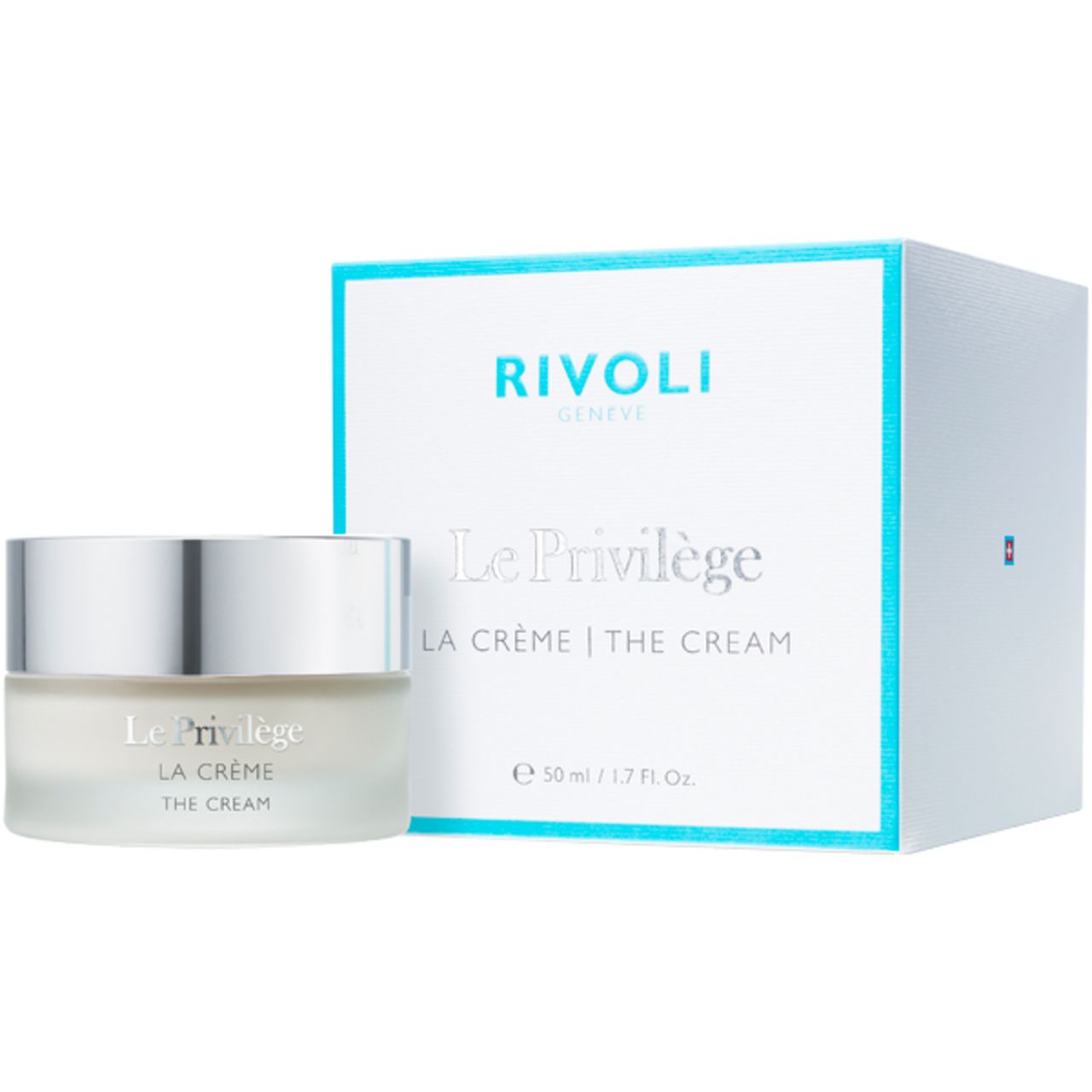Creme-Tiegel und Verpackung. Aufschrift: Rivoli Genève, Le Privilège La Crème The Cream.