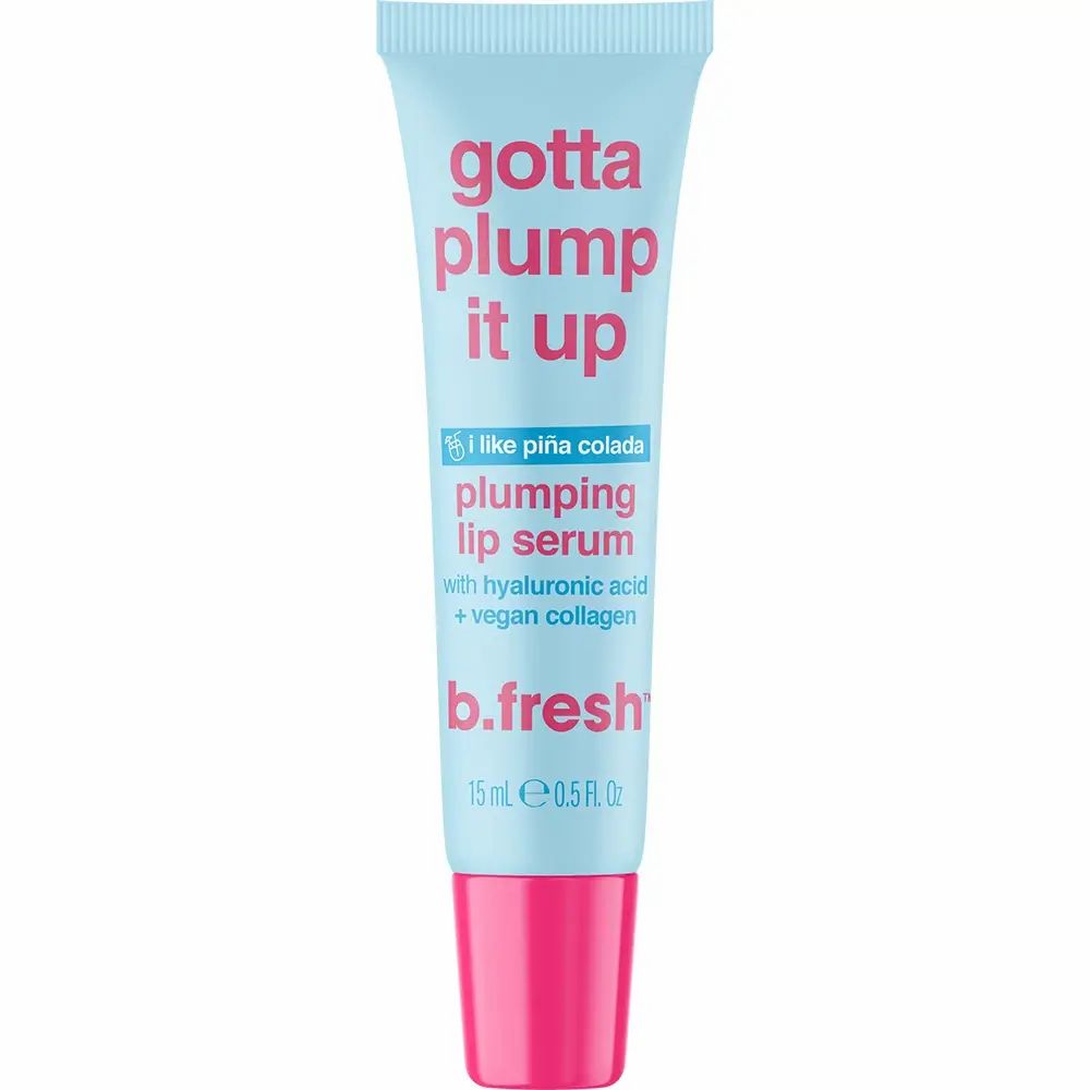Blau-rosa Tube mit Aufschrift "gotta plump it up". Enthält Lippen-Serum. Marke: b.fresh. 15 ml.