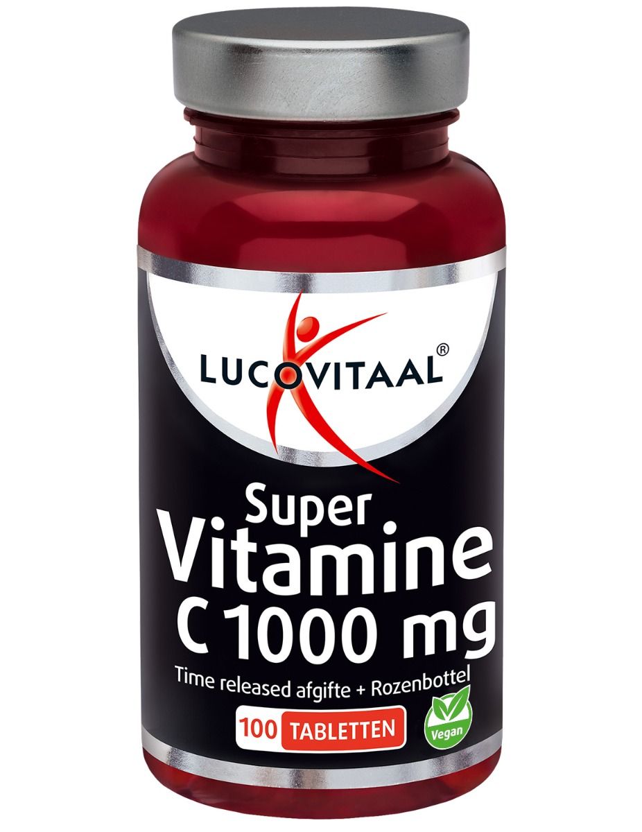 Rote Flasche mit weißem Etikett. Aufschrift: Lucovitaal Super Vitamine C 1000 mg. 100 Tabletten. Vegan.