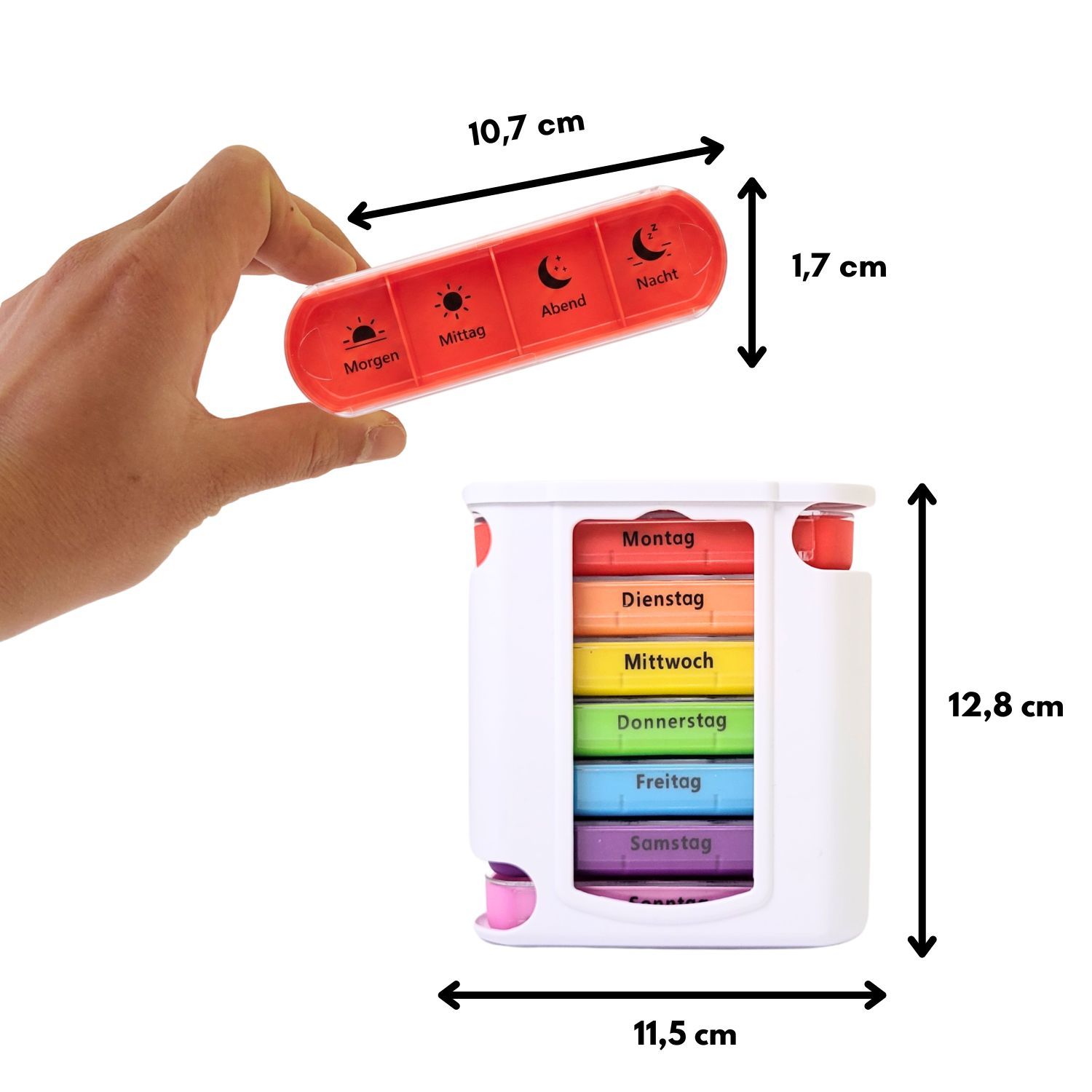 7-Tage-Tablettenbox und Einzelbox. Maße: 10,7 cm x 1,7 cm und 11,5 cm x 12,8 cm.