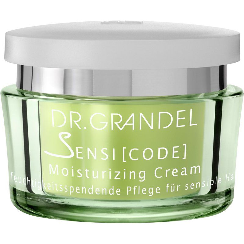 Creme-Glas mit Deckel. Aufschrift: DR. GRANDEL Sensi [Code] Moisturizing Cream. Feuchtigkeitspflege für sensible Haut.