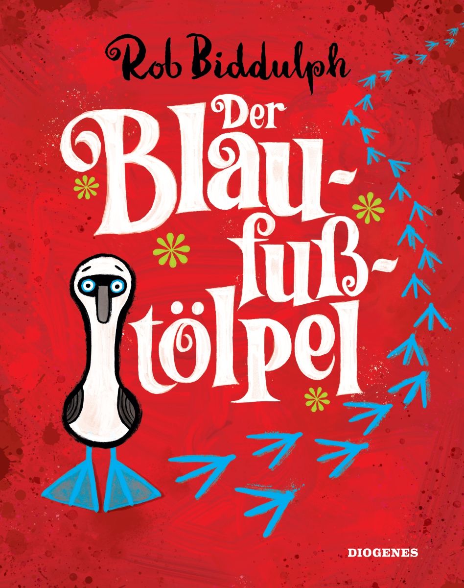 Buchcover mit Titel "Der Blaufußtölpel" von Rob Biddulph. Illustration eines Blaufußtölpels und blaue Fußabdrücke auf rotem Hintergrund.