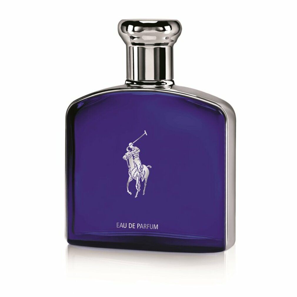 Blaues Parfümflakon mit silbernem Verschluss. Auf dem Flakon ist ein Reiter-Logo und Eau de Parfum geschrieben.