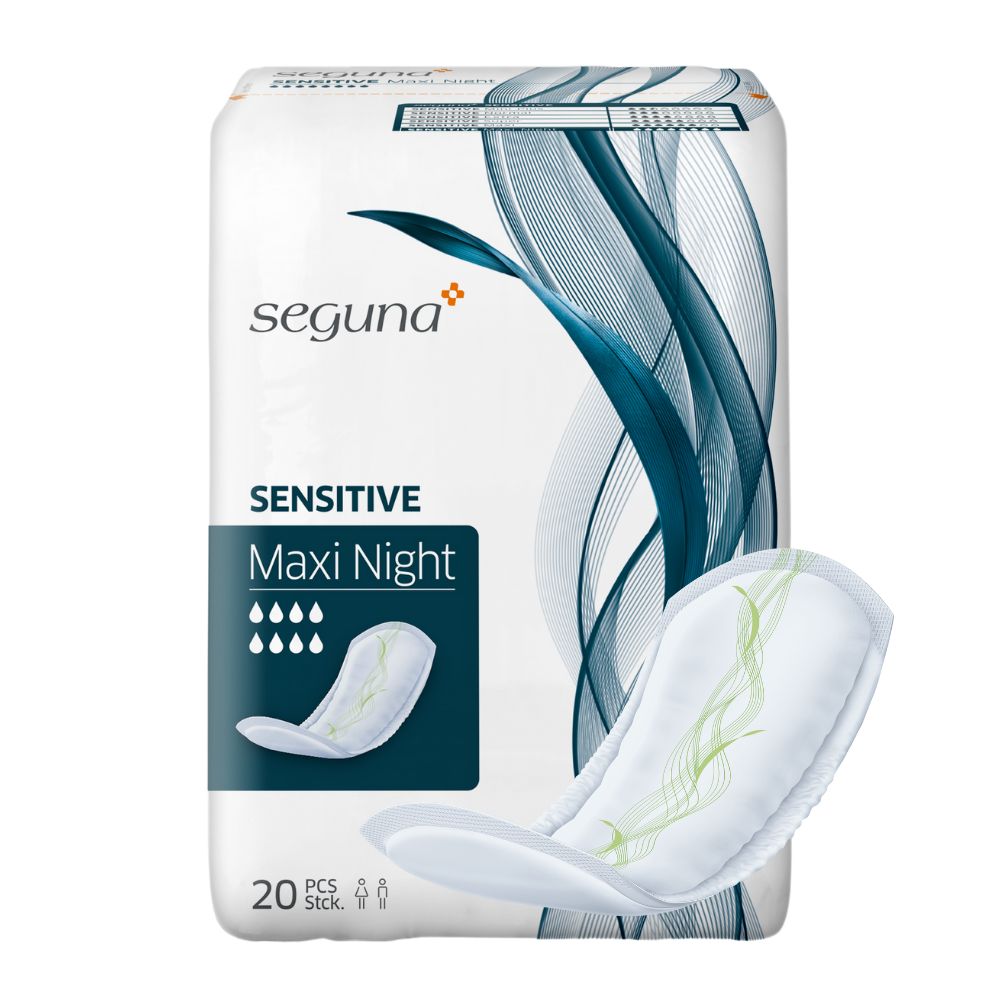 Packung SEGUNA Sensitive Maxi Night. Weiße Verpackung mit Produktbezeichnung und 20 Stück. Produkt teilweise sichtbar.