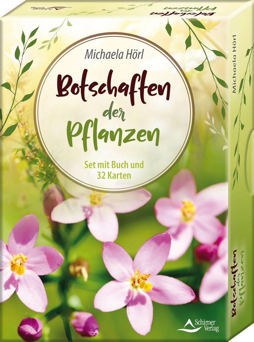 Buch-Set "Botschaften der Pflanzen" mit 32 Karten. Titel in Braun und Grün auf grünem Hintergrund mit Blumen. Autor: Michaela Hörl.
