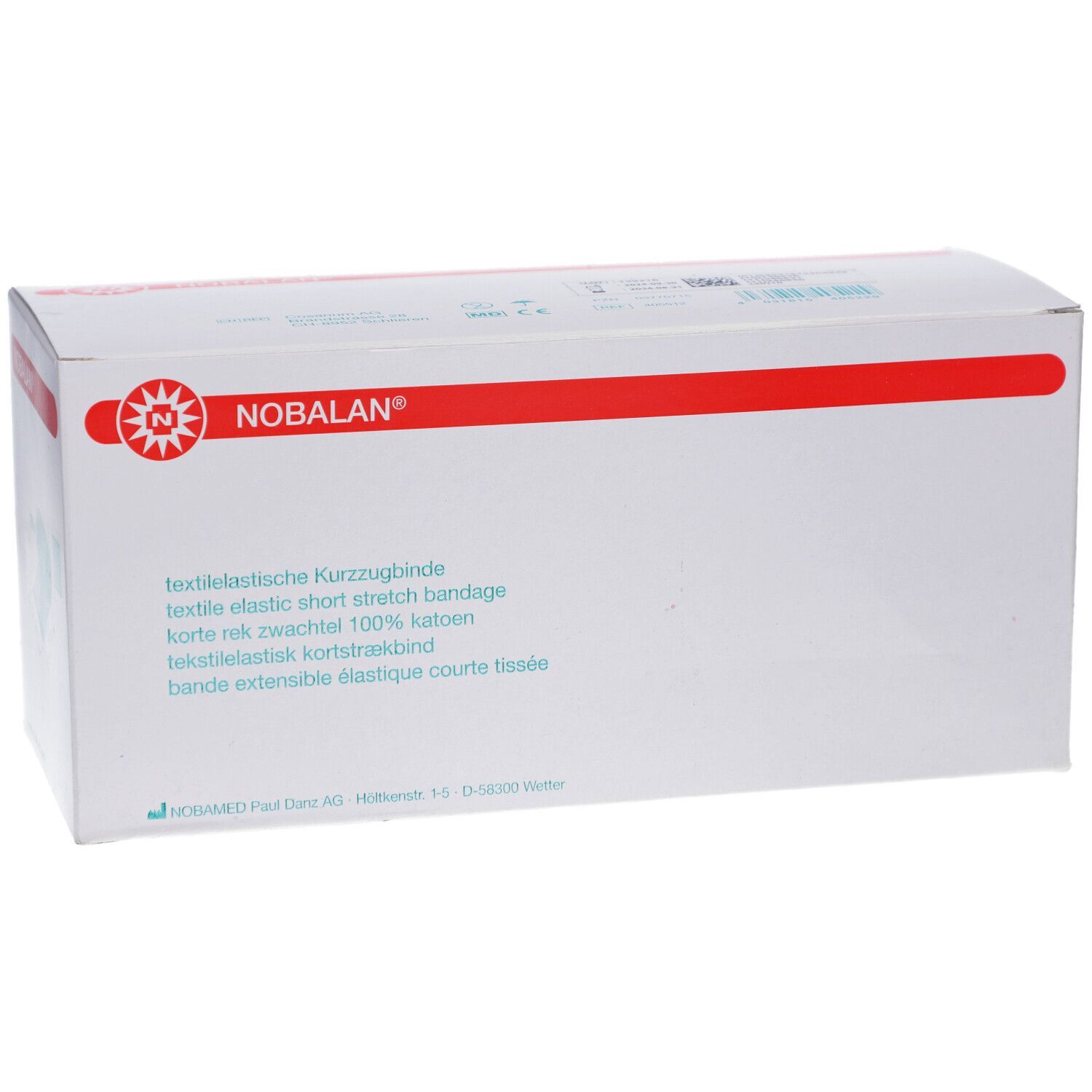 NOBALAN® Kurzzugbinde Verpackung. Weiße Box mit roter Linie und Text. Textilelastisch, 100 % Baumwolle. Produktname und Logo.