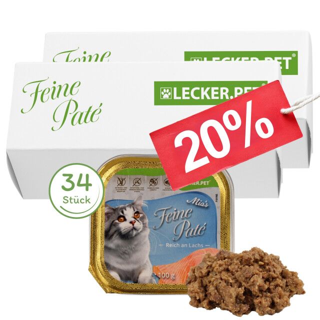 Katzenfutter-Packungen mit "Feine Paté" und "Lecker.Pet"-Logo. Einzelne Dose und Futterhaufen daneben. 20% Rabatt-Etikett.