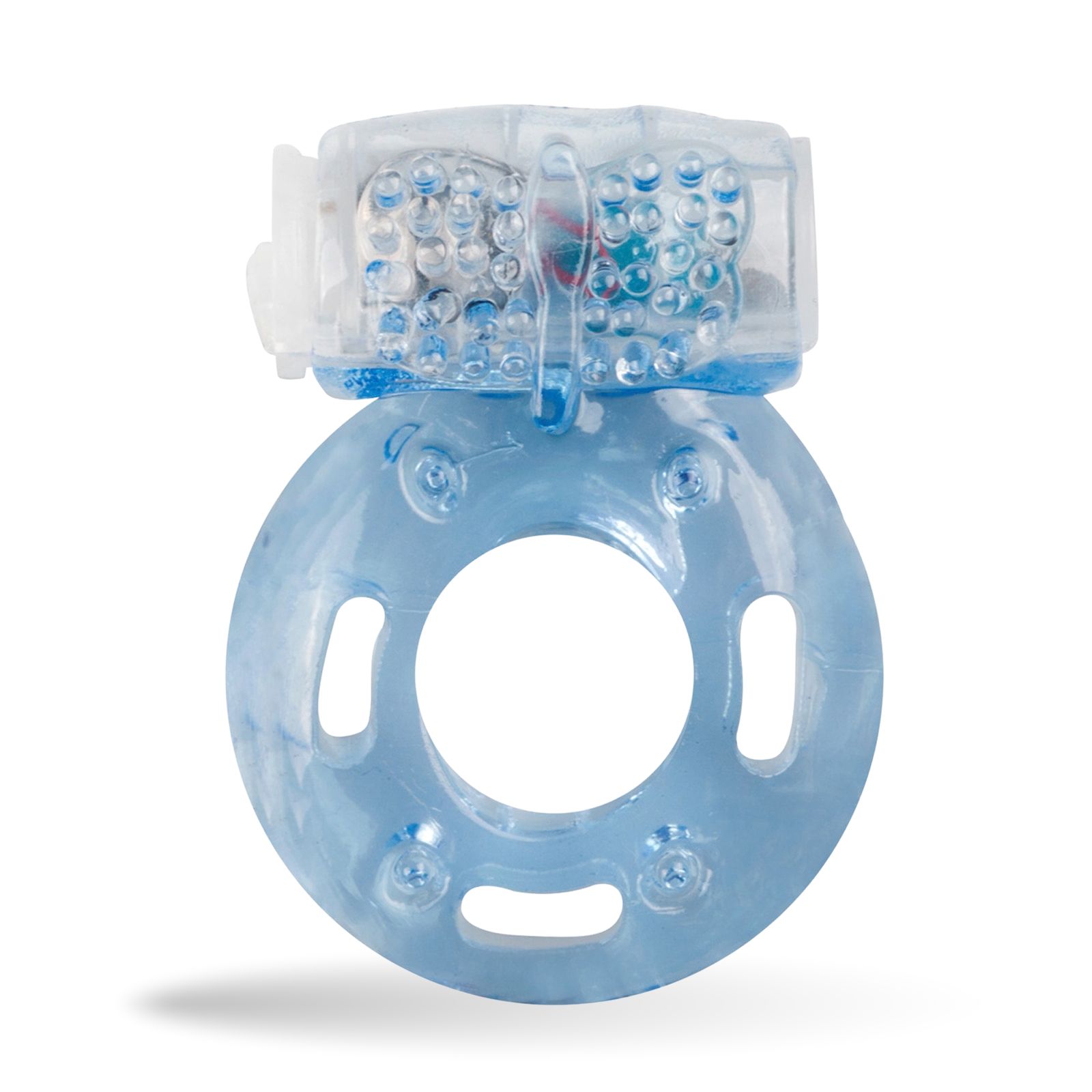 Blauer Penisring mit vibrierendem Element. Ring- und Stimulationsteil aus transparentem Material.