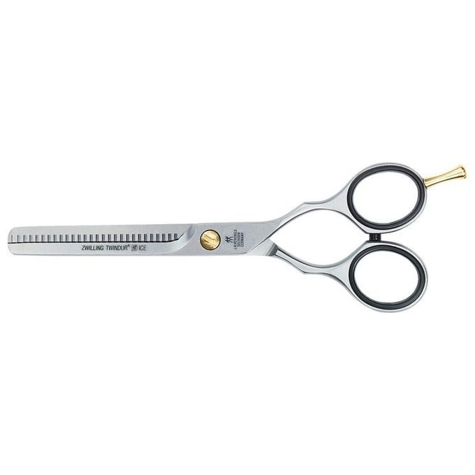 Forbici da barbiere ZWILLING Twinox, 235 mm. Acciaio inossidabile argentato. Dentate su un lato. Anelli neri, vite e punta dorate.
