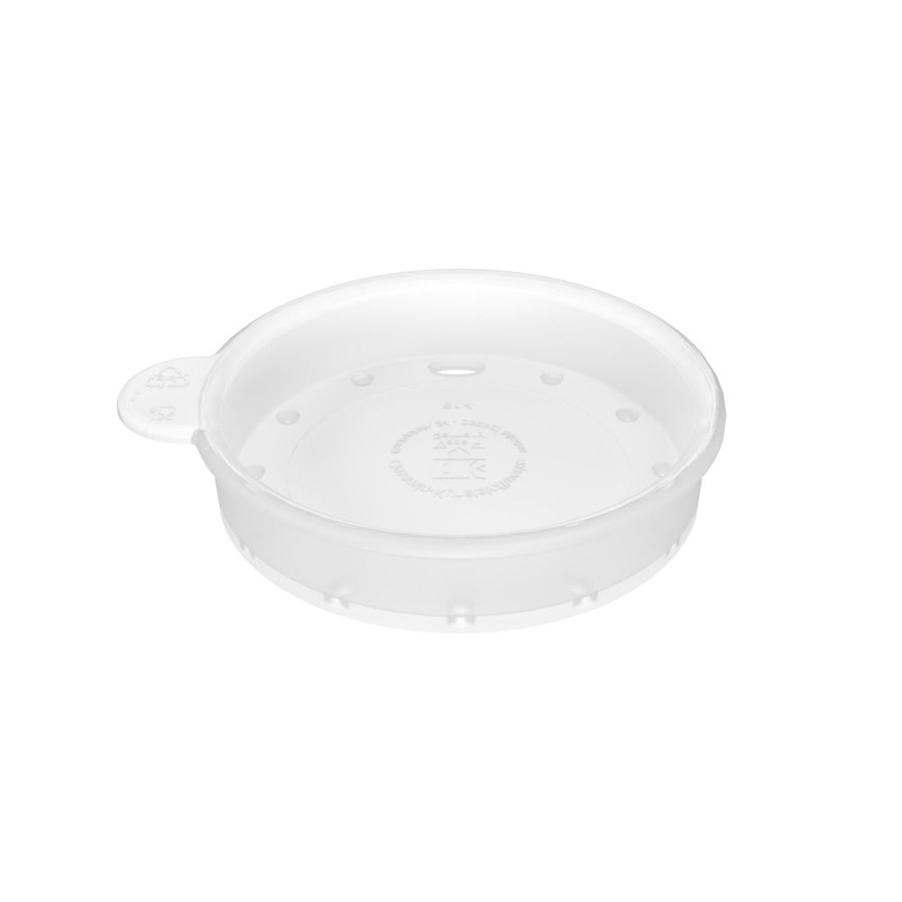 Weißer Trinkaufsatz mit Löchern und einem kleinen Griff. Auf dem Deckel sind Symbole.