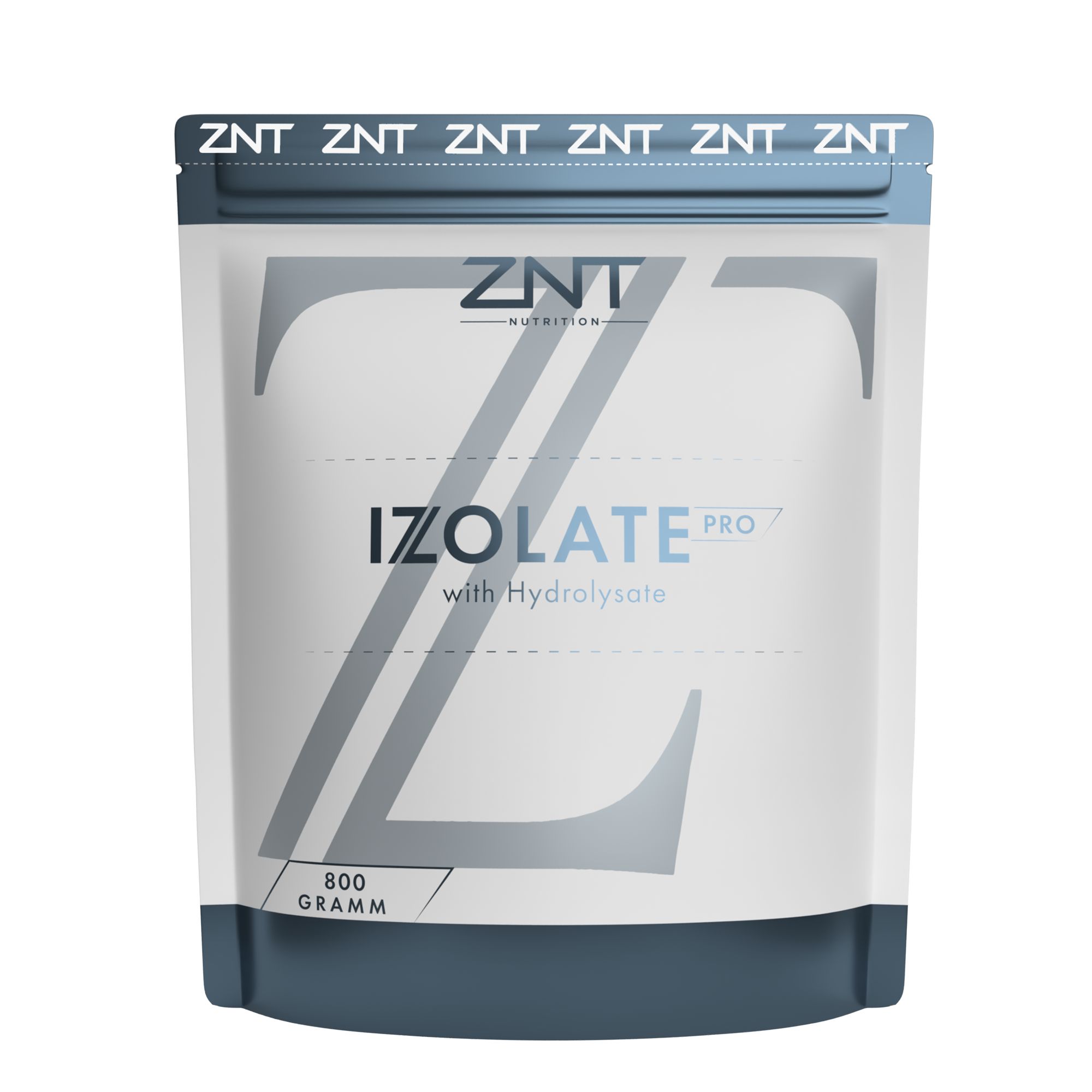 Beutel mit ZNT Nutrition IZOLATE PRO. Weißer Beutel mit blauem Verschluss und Z-Design. Aufschrift: IZOLATE PRO with Hydrolysate, 800 Gramm.