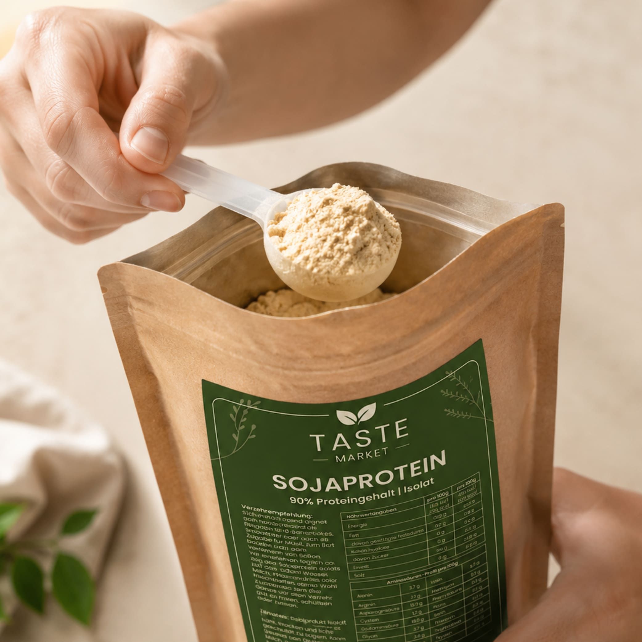 Eine Hand schöpft Sojaprotein-Pulver mit einem Löffel aus einem Beutel.
