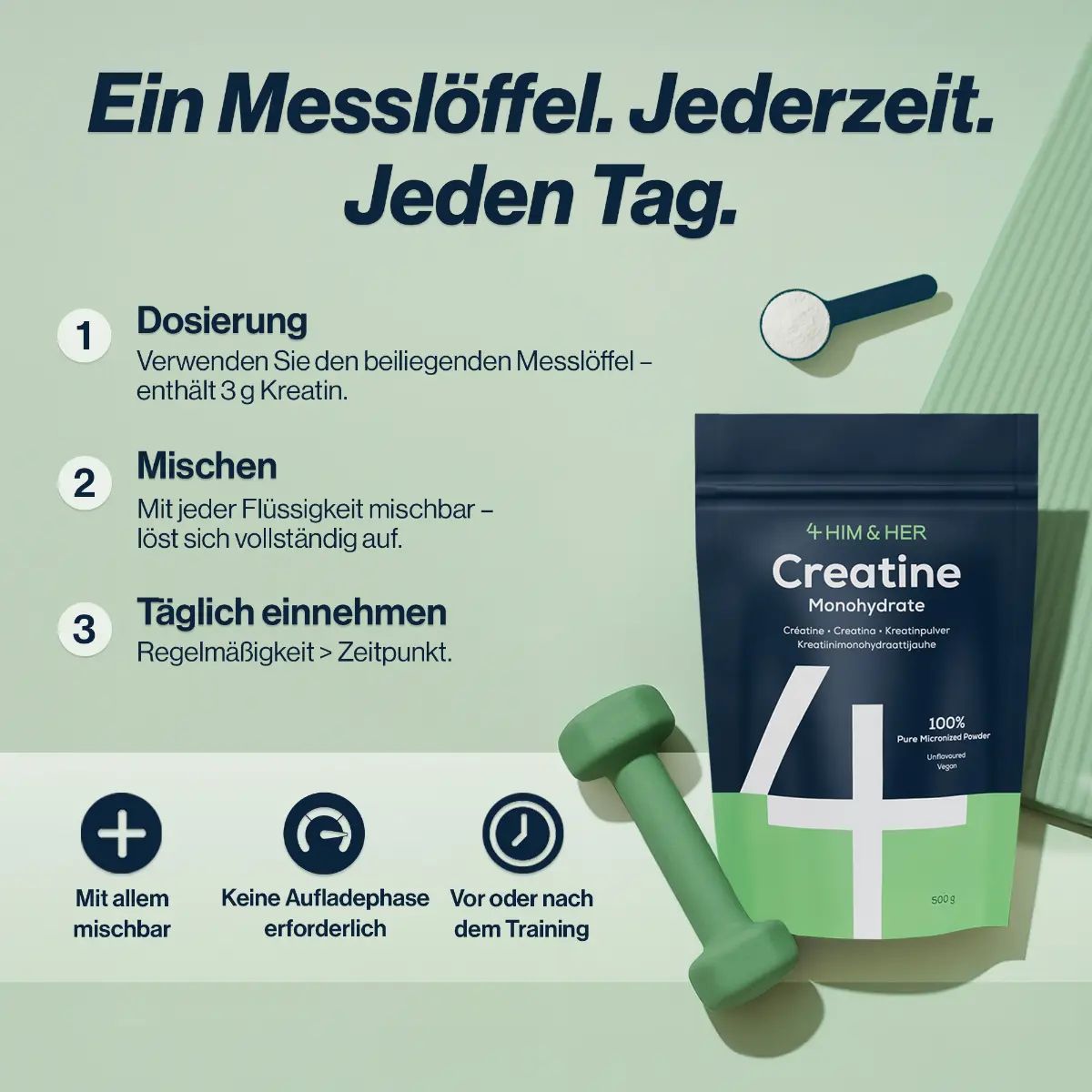Anleitung zur Einnahme von Kreatin: Dosierung, Mischen, tägliche Einnahme. Beutel und Hantel.