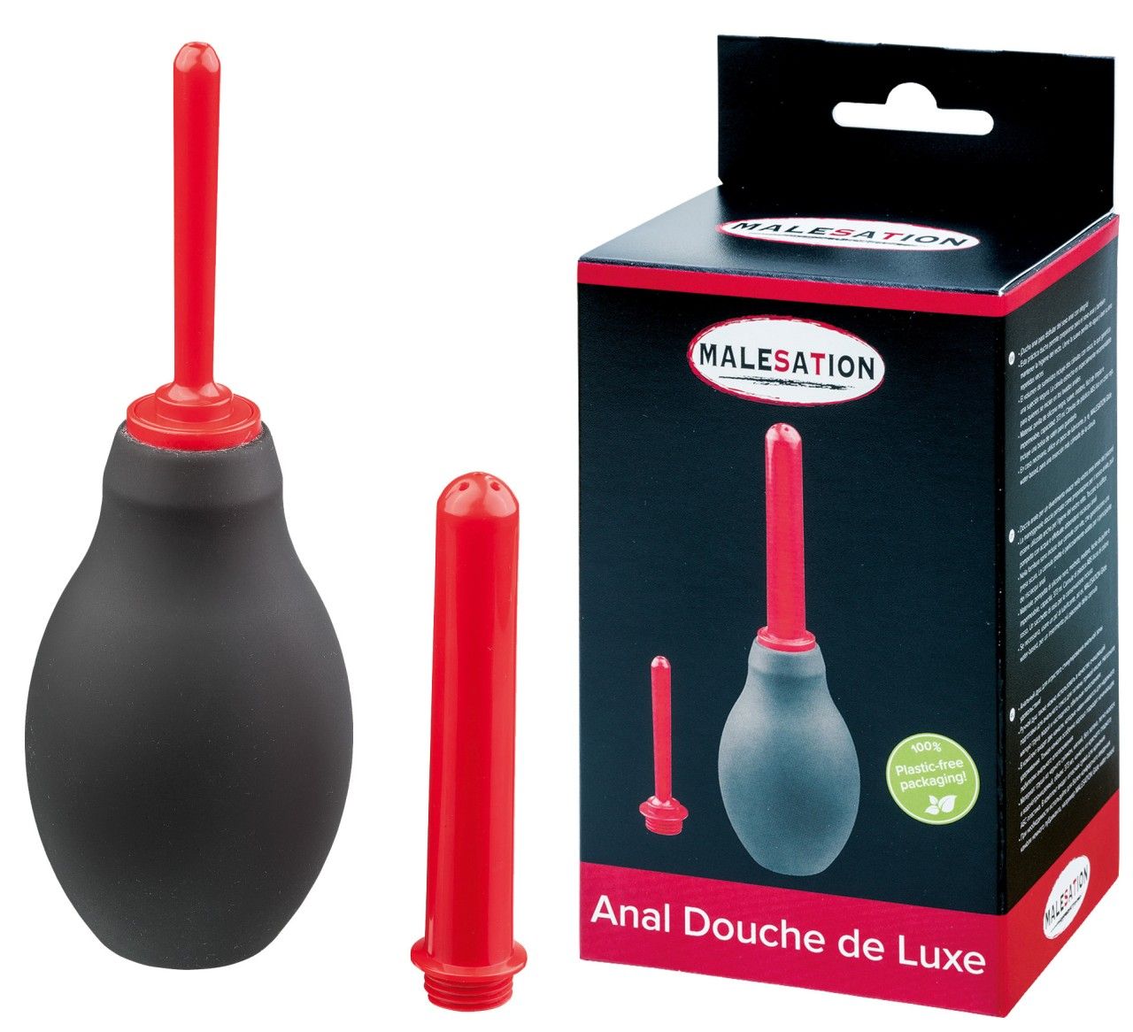 Anal-Douche de Luxe. Schwarzer Ball, roter Aufsatz. Rote Düse. Verpackung mit Logo und Produktname.