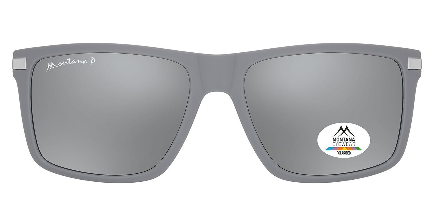 Graue Sonnenbrille mit rechteckigen Gläsern. Montana Eyewear Logo auf dem Bügel und Glas. Polarisierte Gläser.