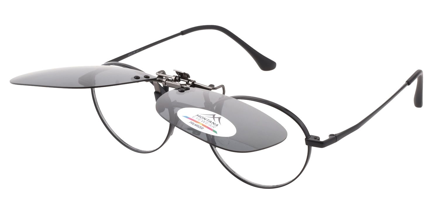 Montana Eyewear Mauritius Clip-on-Sonnenbrille. Runde Gläser, grau getönt. Schwarzer Rahmen. Logo.