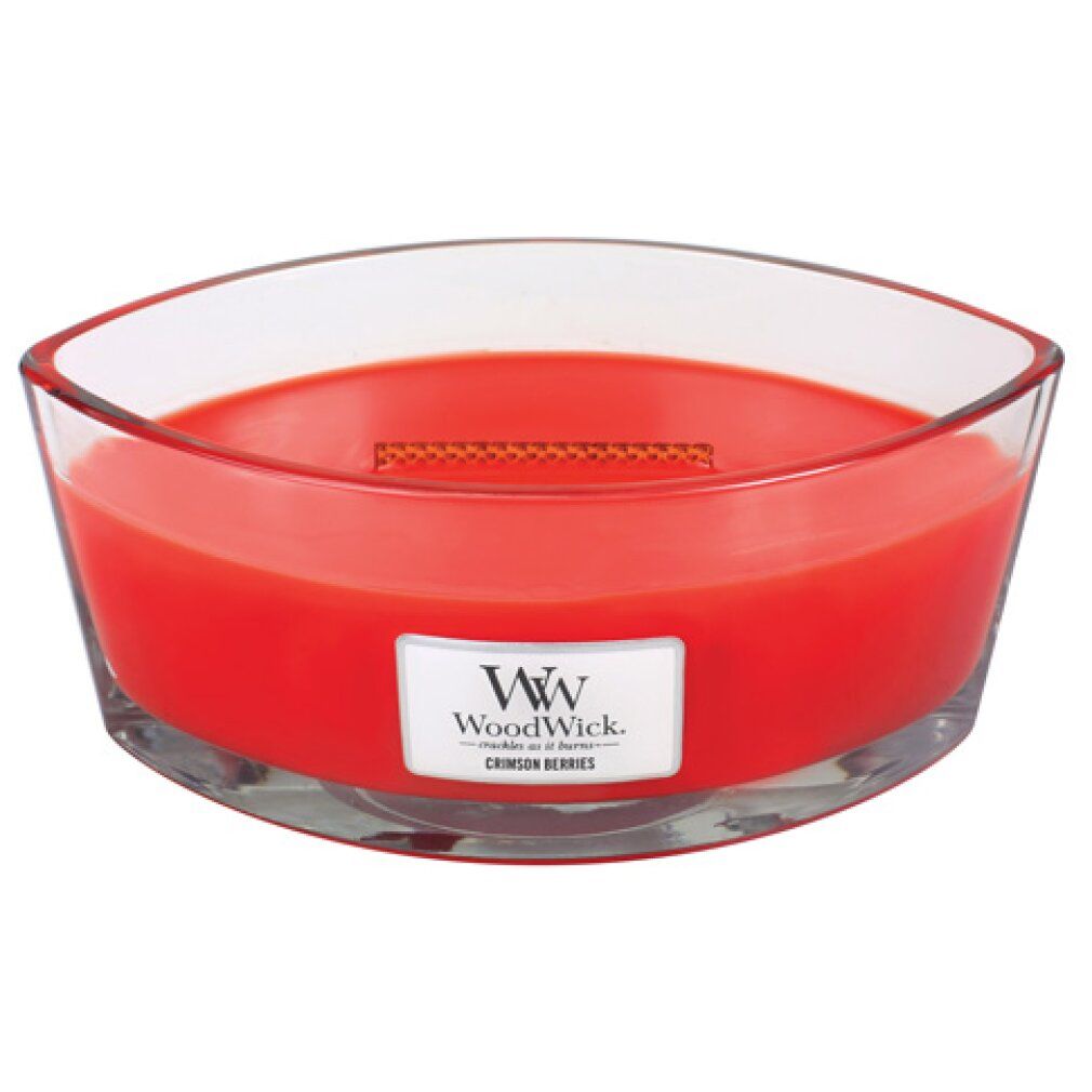 Rote Kerze in elliptischer Glasform. Aufkleber mit "Crimson Berries" und "WoodWick" Logo. Holzdocht sichtbar.