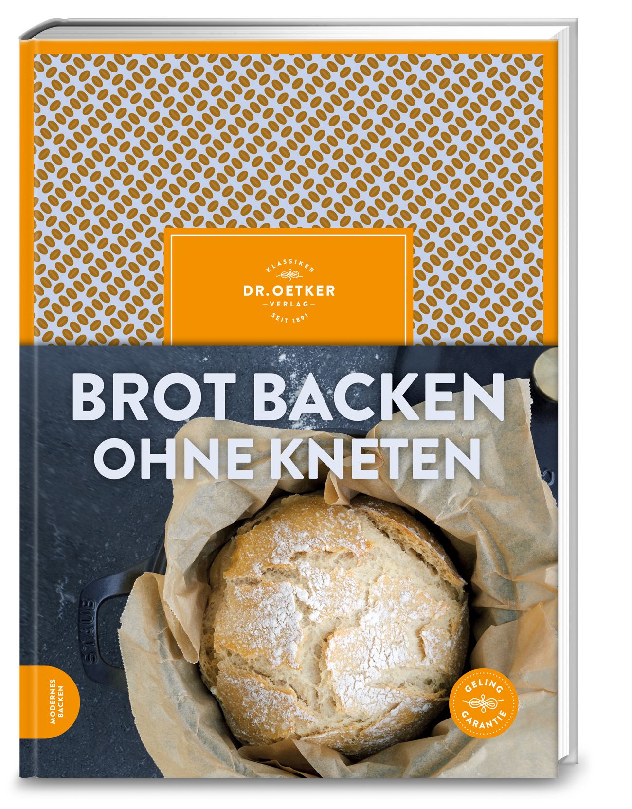 Buch "Brot backen ohne Kneten". Auf dem Cover Brot in Papier, Dr. Oetker Logo, Geling Garantie.