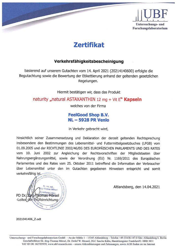 Zertifikat der Verkehrsfähigkeit für "naturity natural ASTAXANTHIN 12 mg + Vit E" Kapseln. Ausgestellt von UBF.
