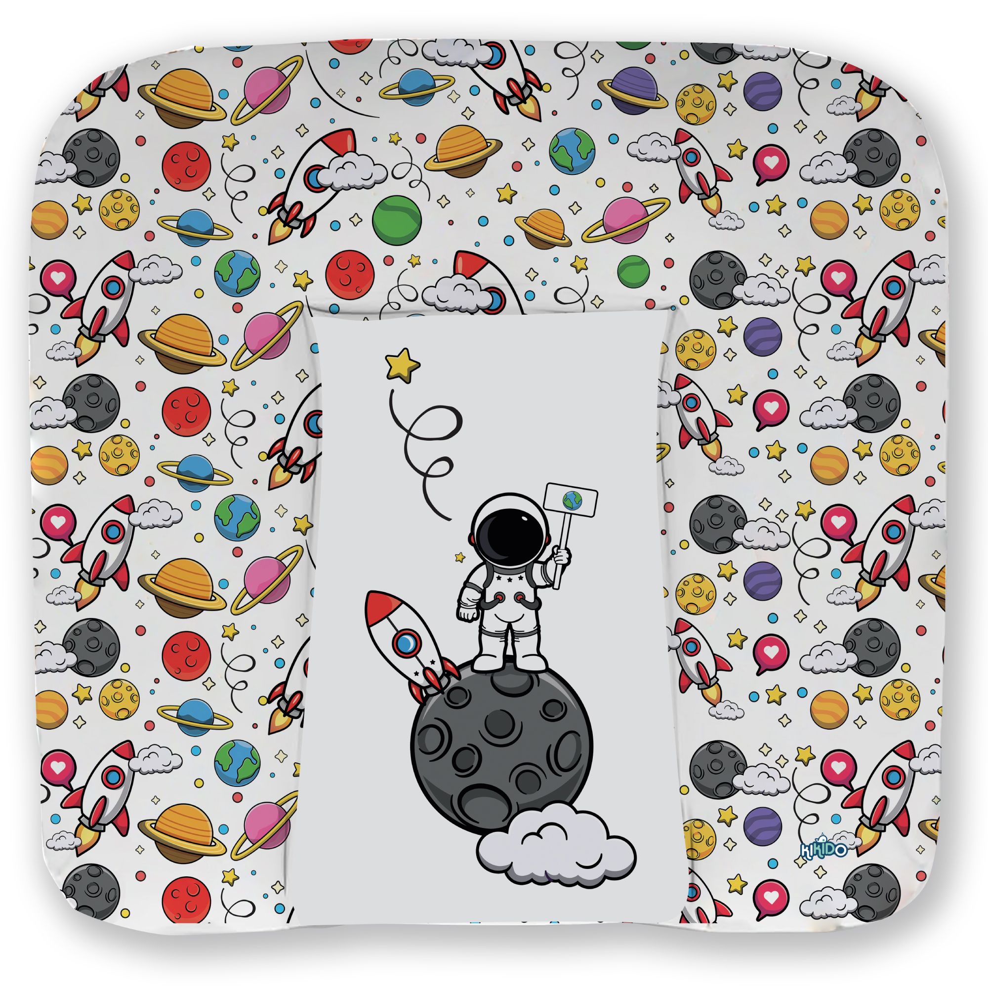 Materassino fasciatoio con design spaziale. Astronauta sulla luna, razzi, pianeti. Motivi colorati.