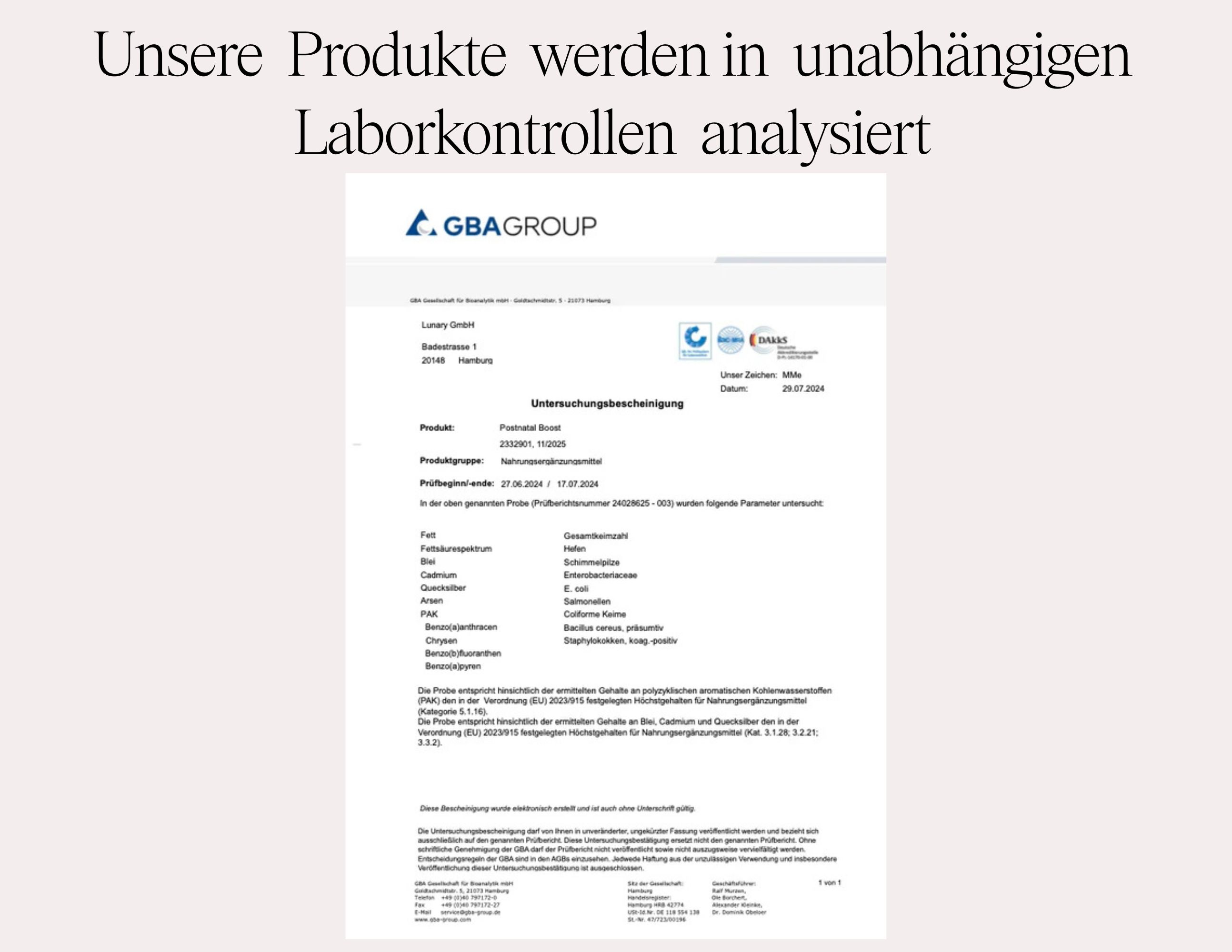Laborbericht. Textdokument mit Tabellen und Informationen zu Produktanalysen.