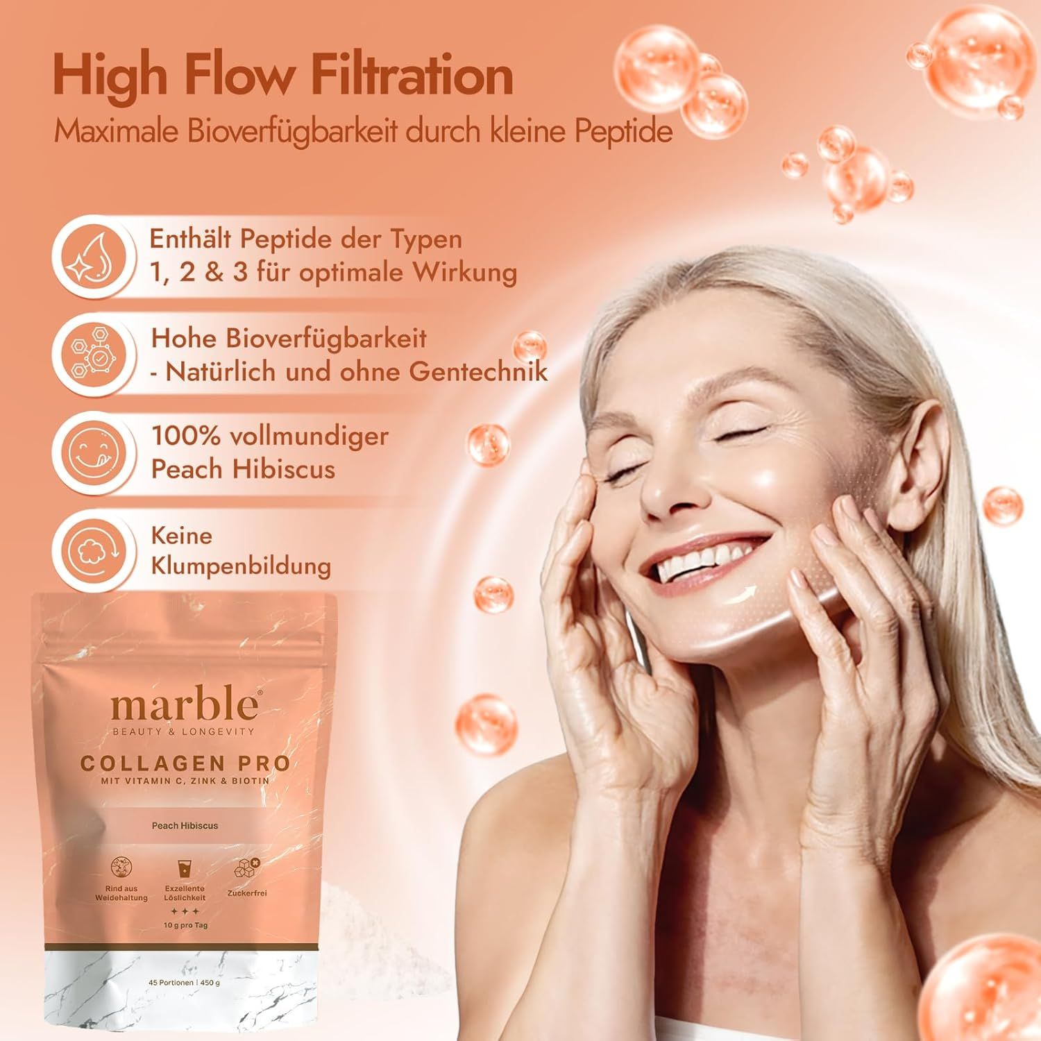 Frau mit strahlendem Lächeln neben einem Beutel Marble® Collagen Pro Peach Hibiscus. "High Flow Filtration" und "Peptide 1, 2 & 3" werden erwähnt.