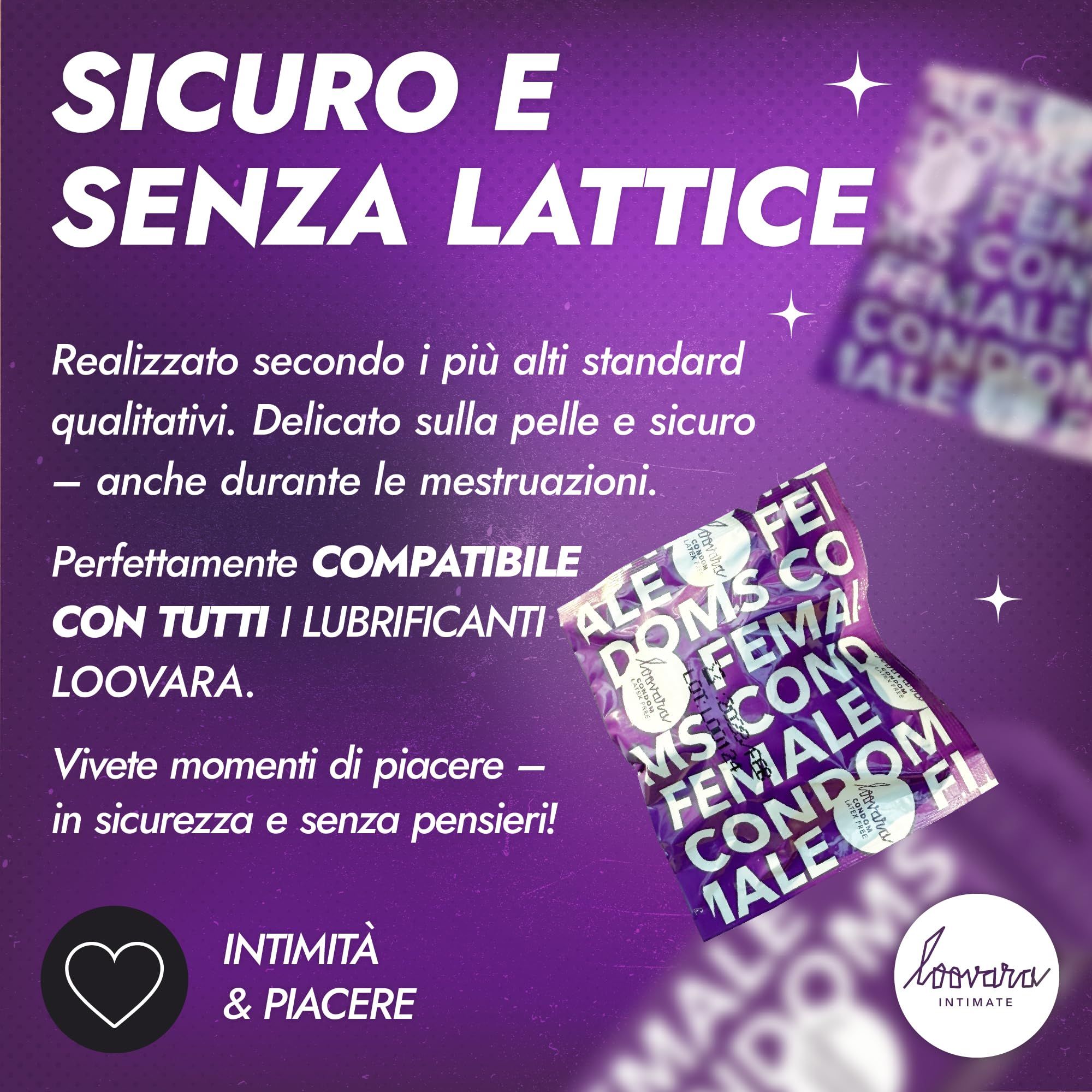 Lila Verpackung mit "FEMALE CONDOMS" und einem Kondom, "SICURO E SENZA LATTICE" (sicher und latexfrei).