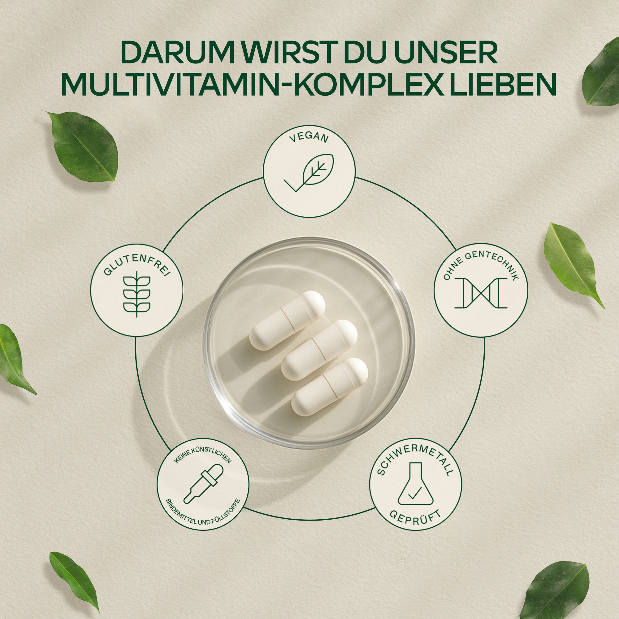 Drei Kapseln auf einer Unterlage. Symbole für glutenfrei, vegan, ohne Gentechnik.